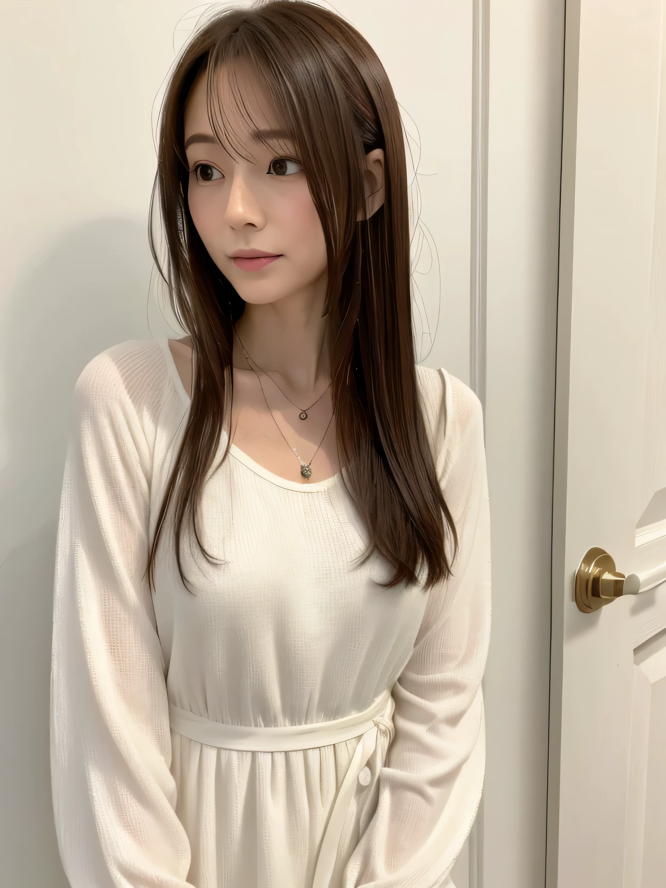 Beautiful woman、Well-formed face、Make the eyes even、Align your feet、Bright interior、Dark colored short sleeve shirt、sitting on a chair in hotel room、Bright interior、25age, light brown hair, hair over shoulder, parted bangs, straight hair, expressive hair, shiny hair, shy, parted lips, large breasts, perfect body shape, Surrealism, first-person view, Nikon, UHD, anatomically correct, textured skin, high details, best quality, highres, 8k