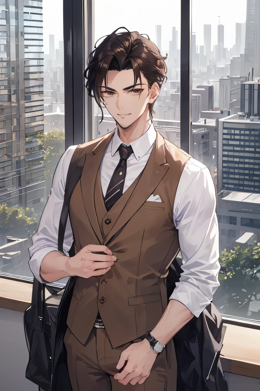 official art, masterpiece, sharp focus, (handsome korean man:1.3), (korean man:1.3), youthful face, clean-shaven face, Delicate and beautiful hair and eyes and face, handsome man, large office, large window office, city scenery, (sidelighting:1.2), lean, muscular, slightly tanned complexion, broad shoulders, smirking, scenery, slicked back tousled hair, ceo office, building, (cityscape:1.7), dynamic hair, tousled slicked back hair, detailed jet black hair, glow brown eyes, (white shirt+brown vest+brown suit+brown trousers), tan skin, 1man