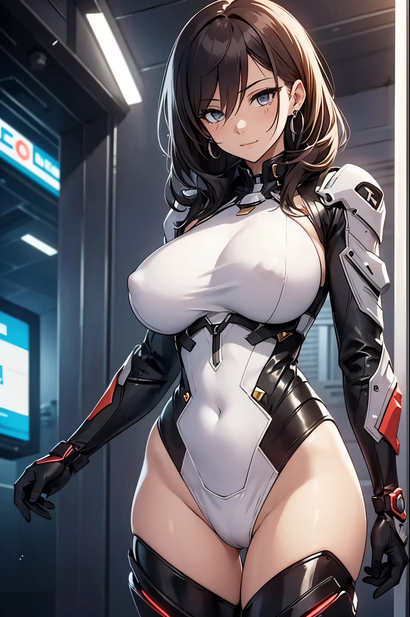Milf, woman in a futuristic suit, highly detailed face, cool, hair over one eye, tomboy, mom, (very large breast), (Milf), mature face, (mature female), stealth suit, gynoid body, cybersuit, anime girl wearing tight suit, gloves, boots, thighhighs, science fiction, Elegant body, nude, earrings, milfication, Muv-Luv, female protagonist, depth of field, volumetric light, detailed lighting, dynamic angle, detailed textures, oppai cyberpunk, biomechanical oppai, masterpiece, better eyes, best quality eyes, sci-fi background, best quality, detailed