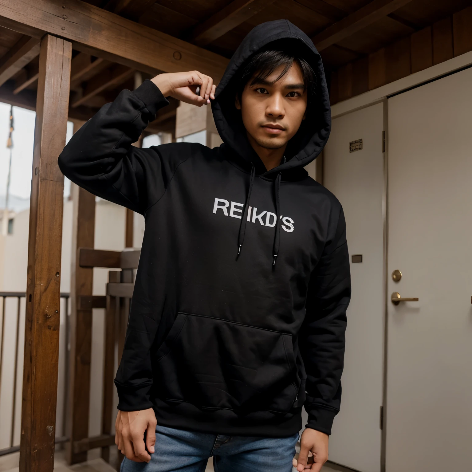 Cowok pakai Hoodie hitam,merokok, dengan nama di baju om jess, background rumah  3d