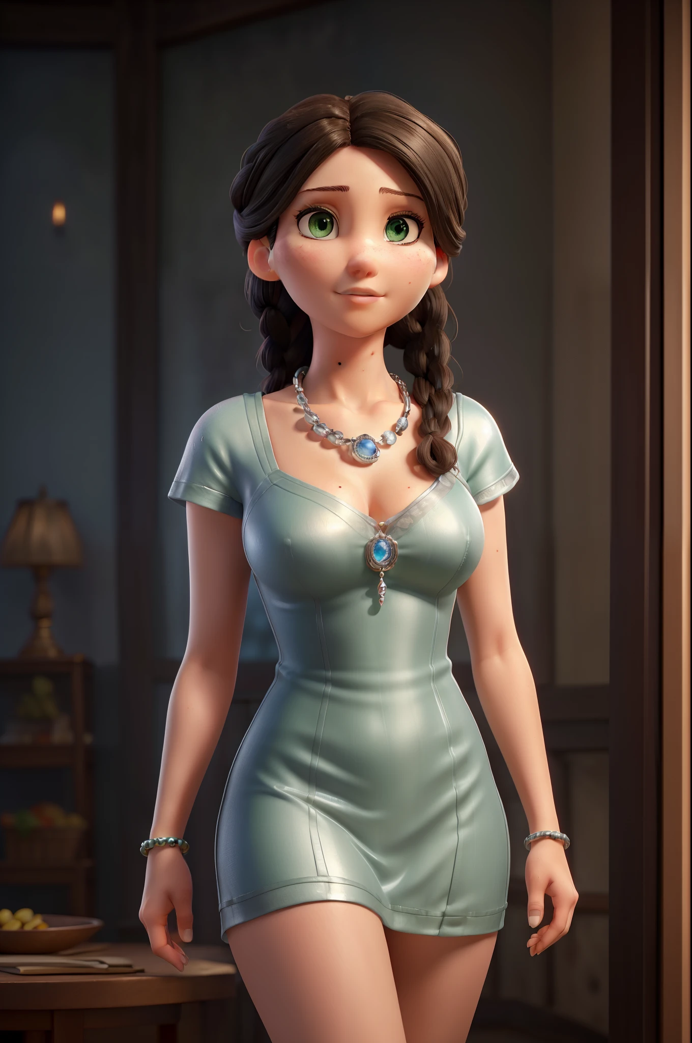 (Morgan Webb:Jennifer Lawrence 0.5), A 25-year-old woman with black hair, large breast, high detail face, high detail skin, detailed green eyes, twin braids, a silver necklace with a sapphire pendant, wearing a plunging see-through robe, Roman sandals, silver bracelets on her arms, legs, forest in the background, masterpiece, extremely high detail, cinematic lighting, backlight, shallow depth of field, bokeh, sharp focus, RAW photo