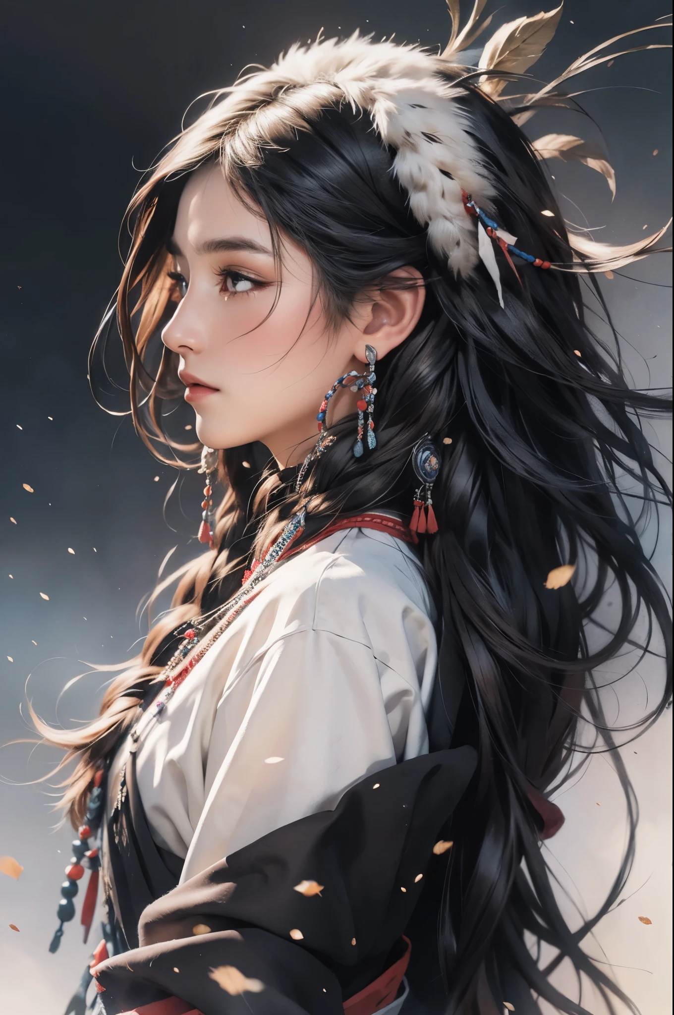 arafed woman in native dress with headdress and feathers, a detailed painting by Yang J, trending on Artstation, fantasy art, artwork in the style of guweiz, guweiz, beautiful young wind spirit, beautiful character painting, guweiz on artstation pixiv, 8k high quality detailed art, guweiz on pixiv artstation