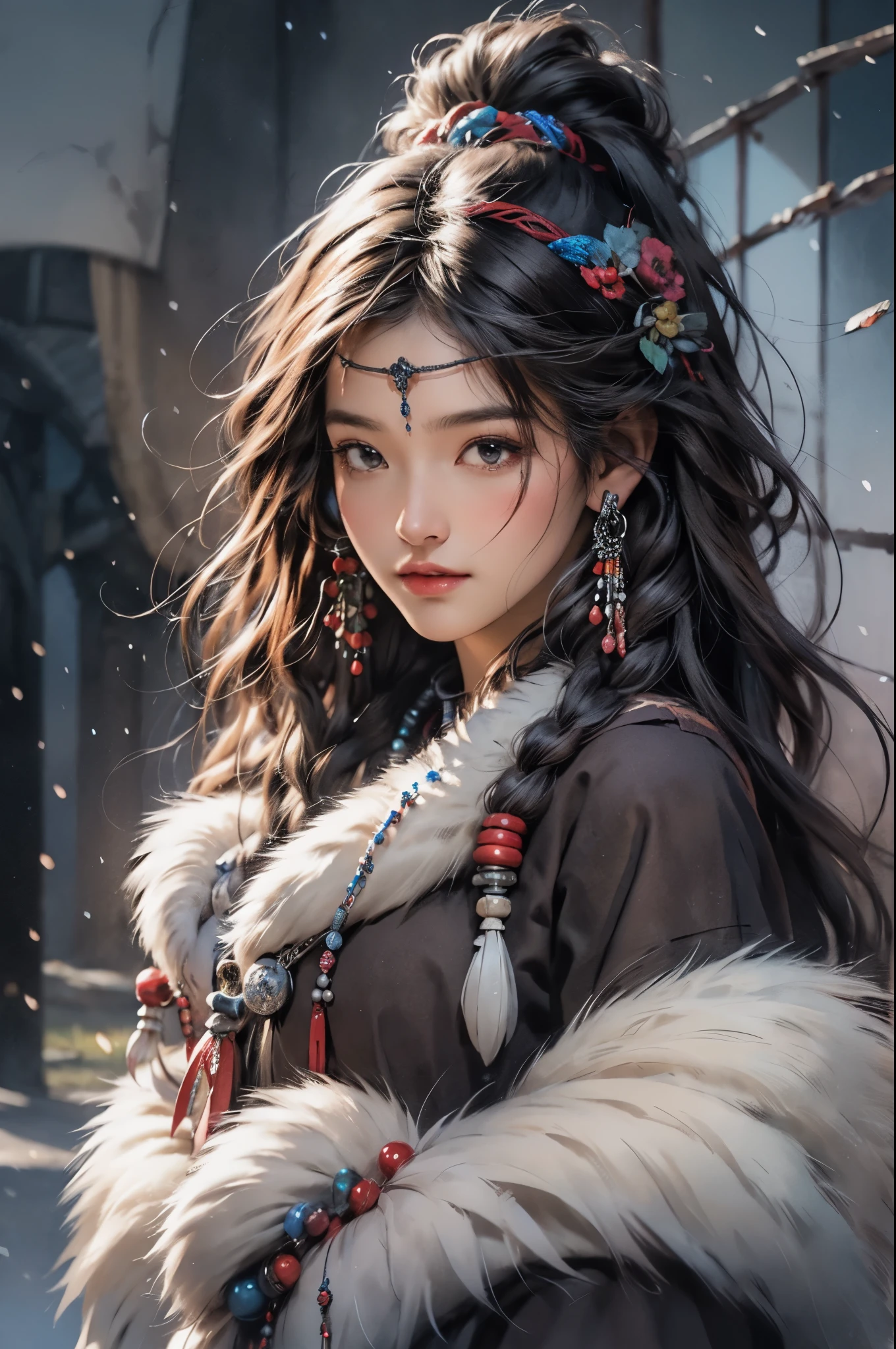 arafed woman in native dress with headdress and feathers, a detailed painting by Yang J, trending on Artstation, fantasy art, artwork in the style of guweiz, guweiz, beautiful young wind spirit, beautiful character painting, guweiz on artstation pixiv, 8k high quality detailed art, guweiz on pixiv artstation