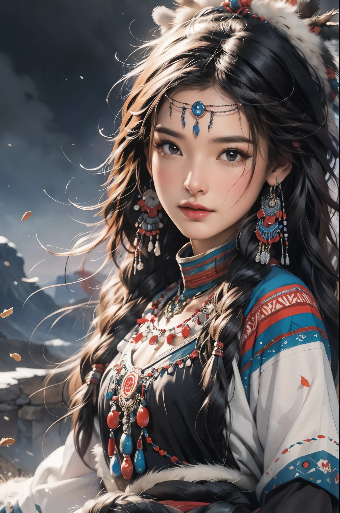 arafed woman in native dress with headdress and feathers, a detailed painting by Yang J, trending on Artstation, fantasy art, artwork in the style of guweiz, guweiz, beautiful young wind spirit, beautiful character painting, guweiz on artstation pixiv, 8k high quality detailed art, guweiz on pixiv artstation