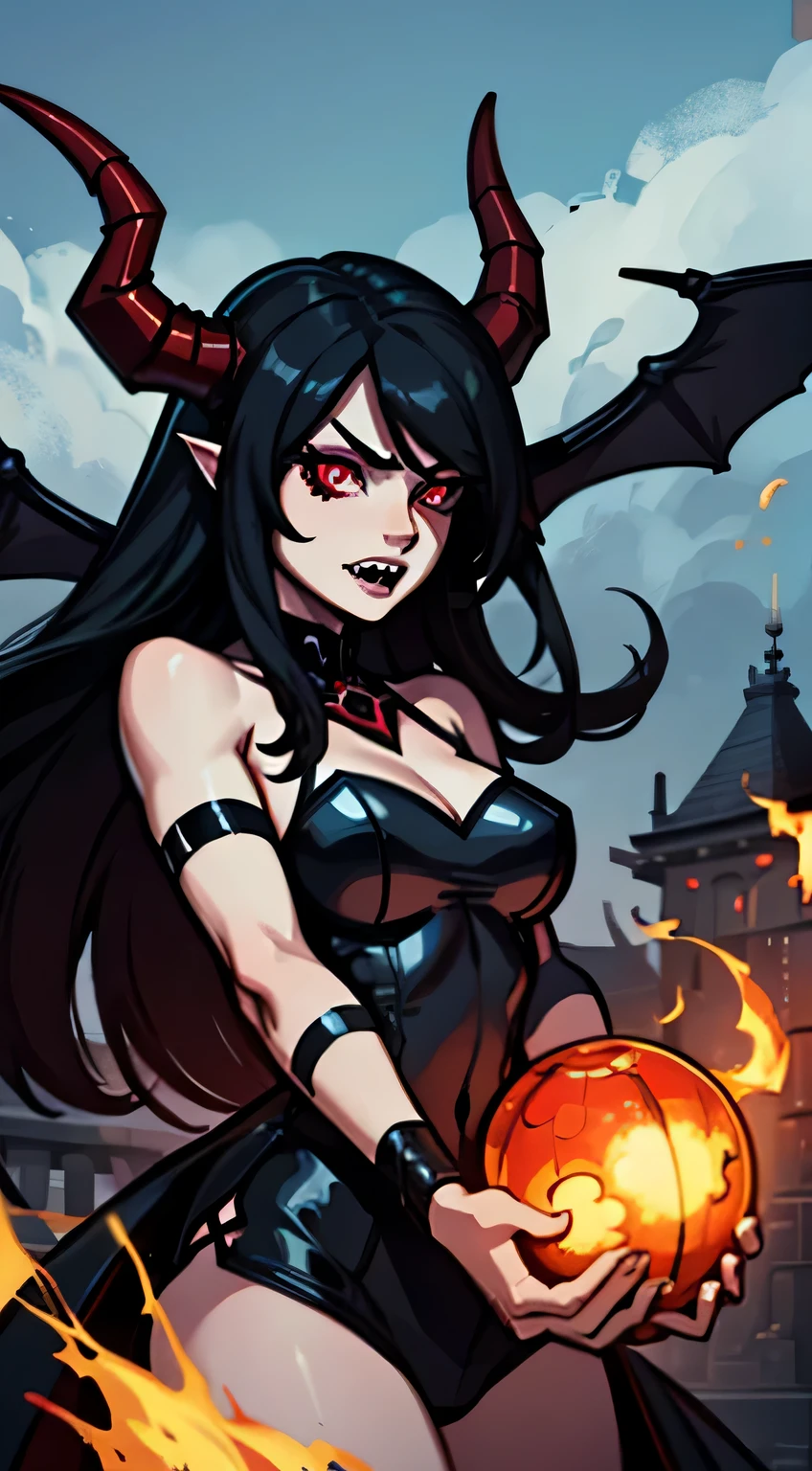 beautiful demon woman with long black hair, sharp teeth, furious, battle, glowing red eyes, bat wings on back, ram horns, angry, fight, fireball, hazbin hotel