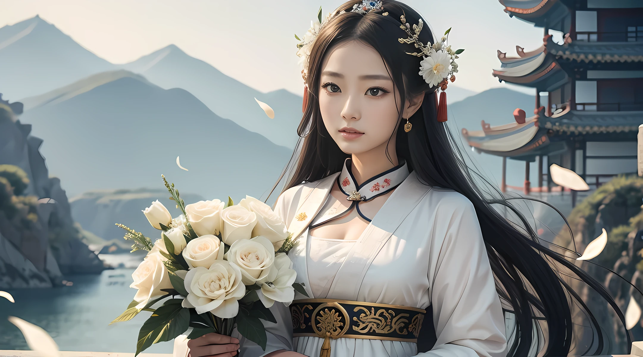 Rough image of a woman in a white dress holding flowers, Kannon, Kannon of the southern seas, ancient chinese goddess, Satisfied female bodhisattva, empress of china, ancient chinese princess, goddess of love and peace, beautiful fantasy empress, princess of ancient asia dynasty, beauty of ancient china, goddess of wisdom