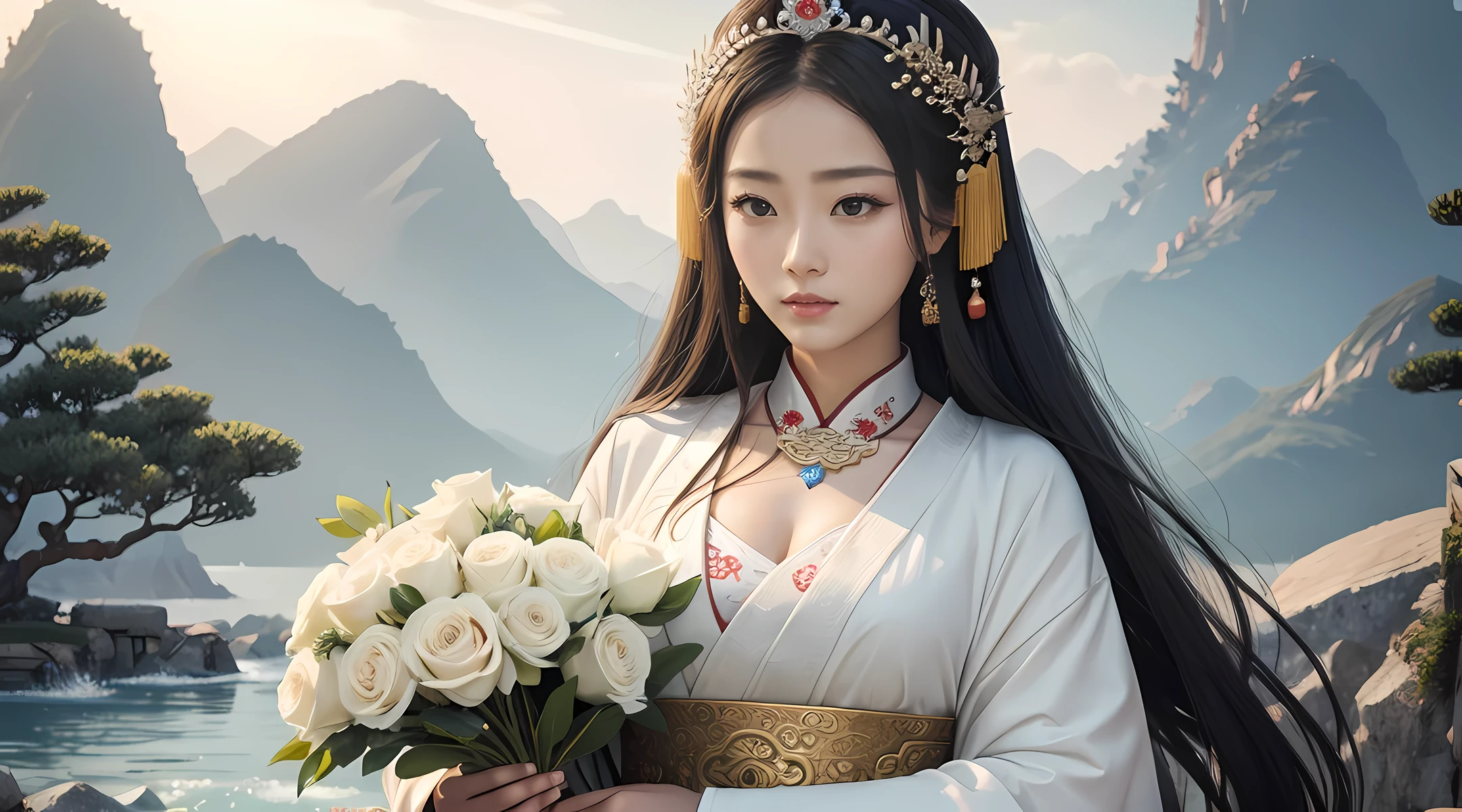Rough image of a woman in a white dress holding flowers, Kannon, Kannon of the southern seas, ancient chinese goddess, Satisfied female bodhisattva, empress of china, ancient chinese princess, goddess of love and peace, beautiful fantasy empress, princess of ancient asia dynasty, beauty of ancient china, goddess of wisdom