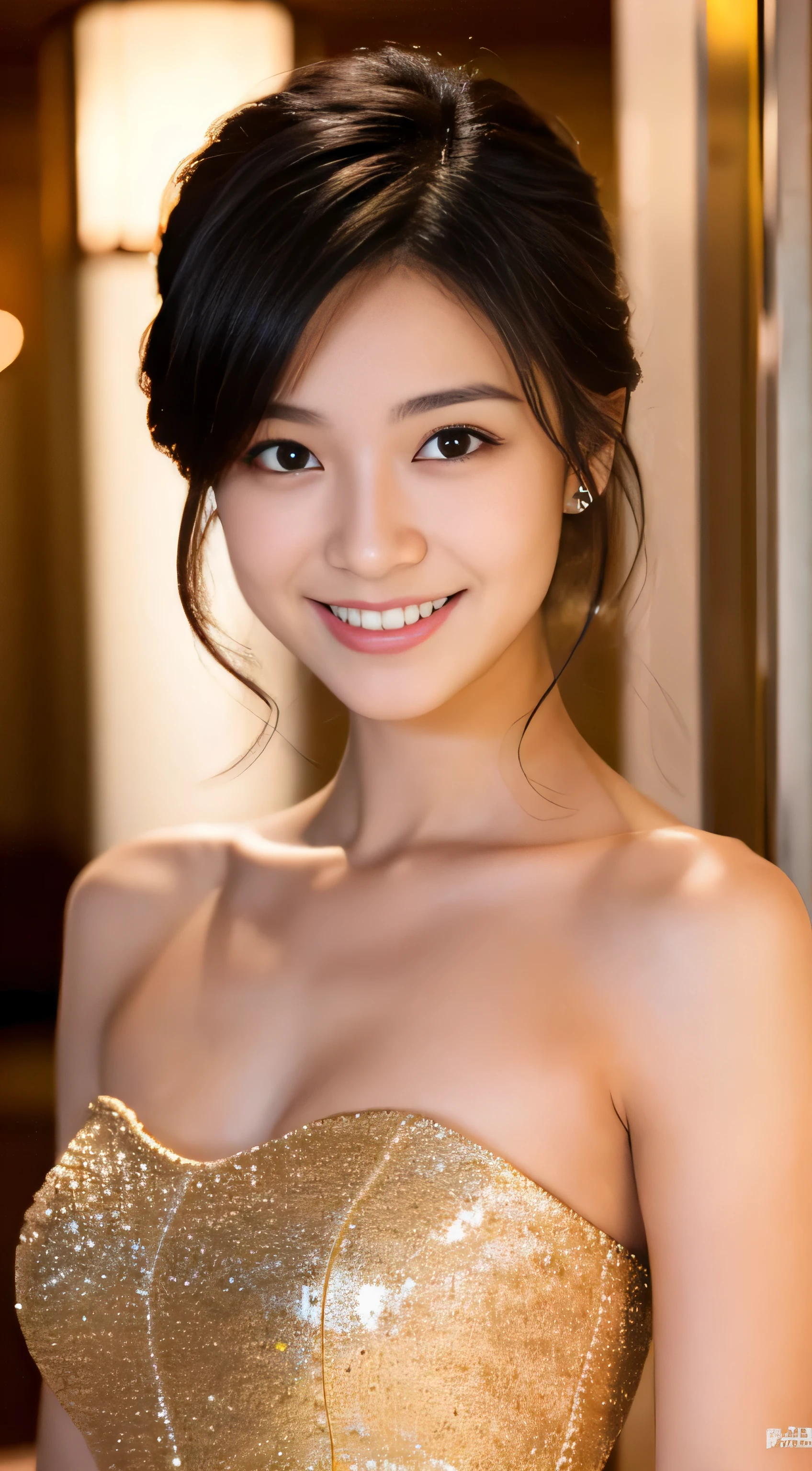 highest quality, masterpiece, ultra high resolution, (realistic:1.4), RAW photo, very detailed, perfect anatomy, 1 girl, 18-year-old, most famous japanese actress, In a gorgeous hotel lobby, ((wearing only fancy evening dresses)), A sparkling smile, looking at the viewer, upturned coccyx, Super cute face like a popular actress, very beautiful big black round eyes, very beautiful black hair short cut, very beautiful realistic skin, very beautiful shoulders, very beautiful small breasts, Extremely beautiful perfect body, Very beautiful little ass, detailed face, fine eyes, thin hair, Detailed and realistic skin, thin shoulders, detailed chest, Detailed perfect body, Luxury evening dress with attention to detail, hip details,Random smiles, bust shot, (best smile), random sexy pose,
