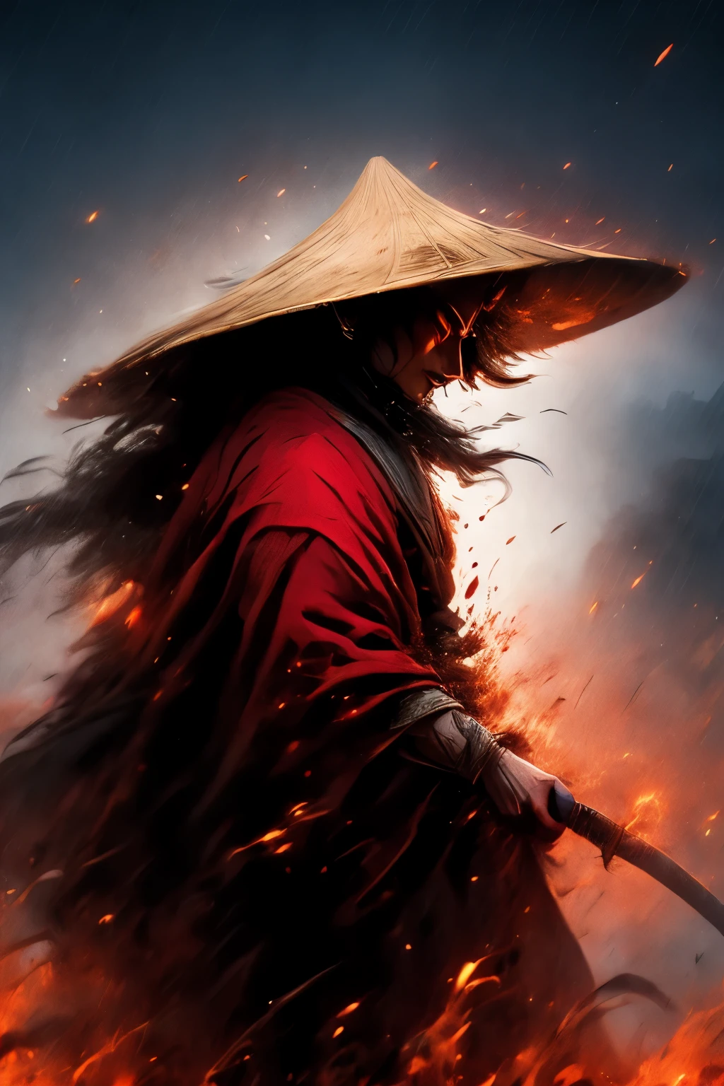 Chinese vampire with a bamboo hat, blood bending, blood powers, one golden eye, Best Quality, Ultra High Resolution, (Realism: 1.4), Depth of Field