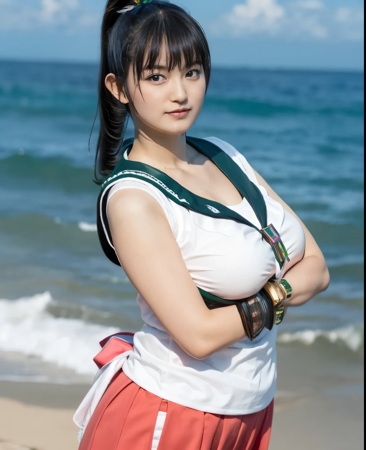 (highest quality:1.2),(perfect beautiful face:1.2),(perfect and beautiful posture:1.2),(japanese woman:1.1),ponytail, On the beach in midsummer, smile, big breasts, (Chubby:1.0),Ultra-high precision photos,clear eyes, ((sailor_jupiter:1.1)),Tank top