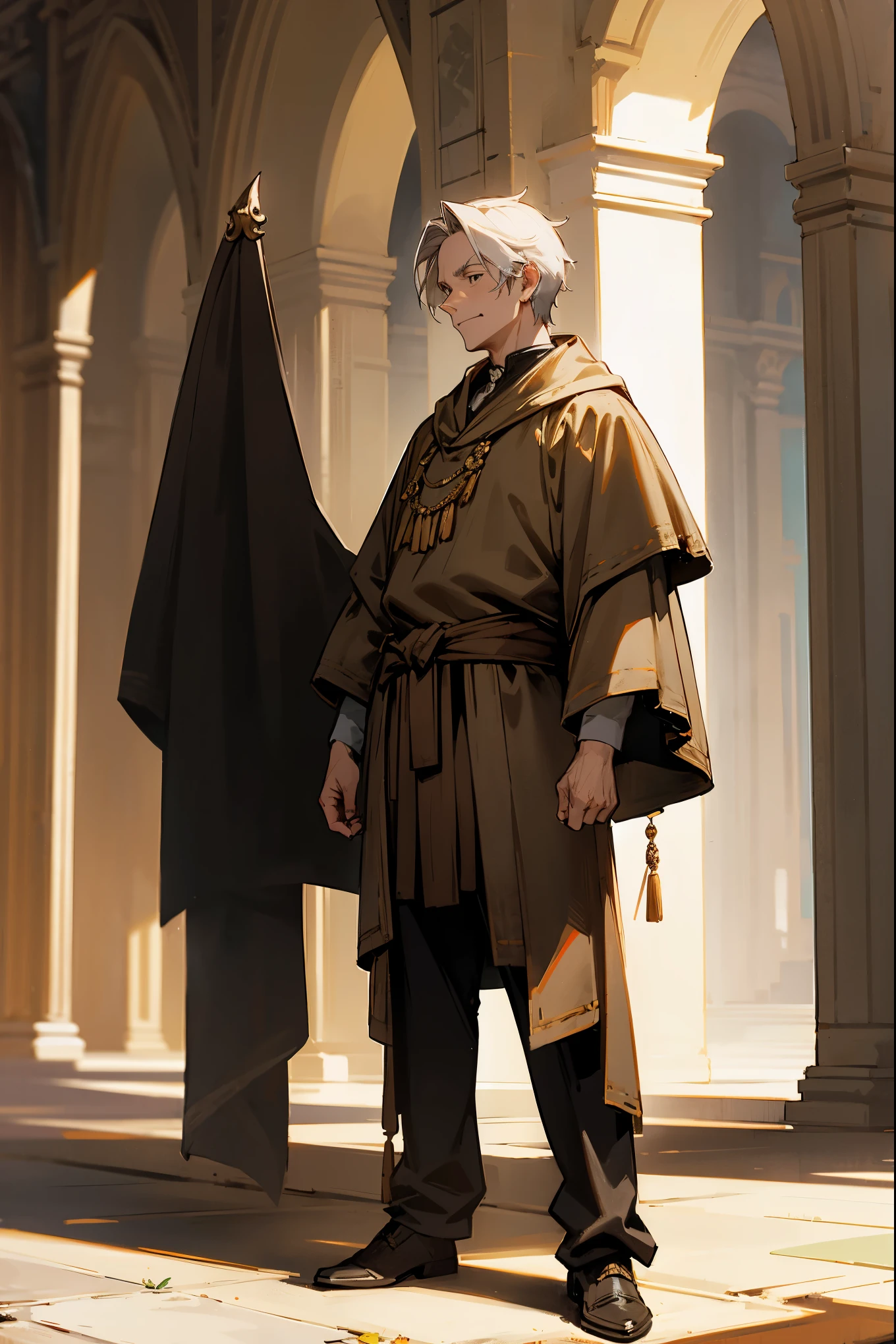 1male, old, guild master, parted hair, guild hall background, detailed background, standing on path