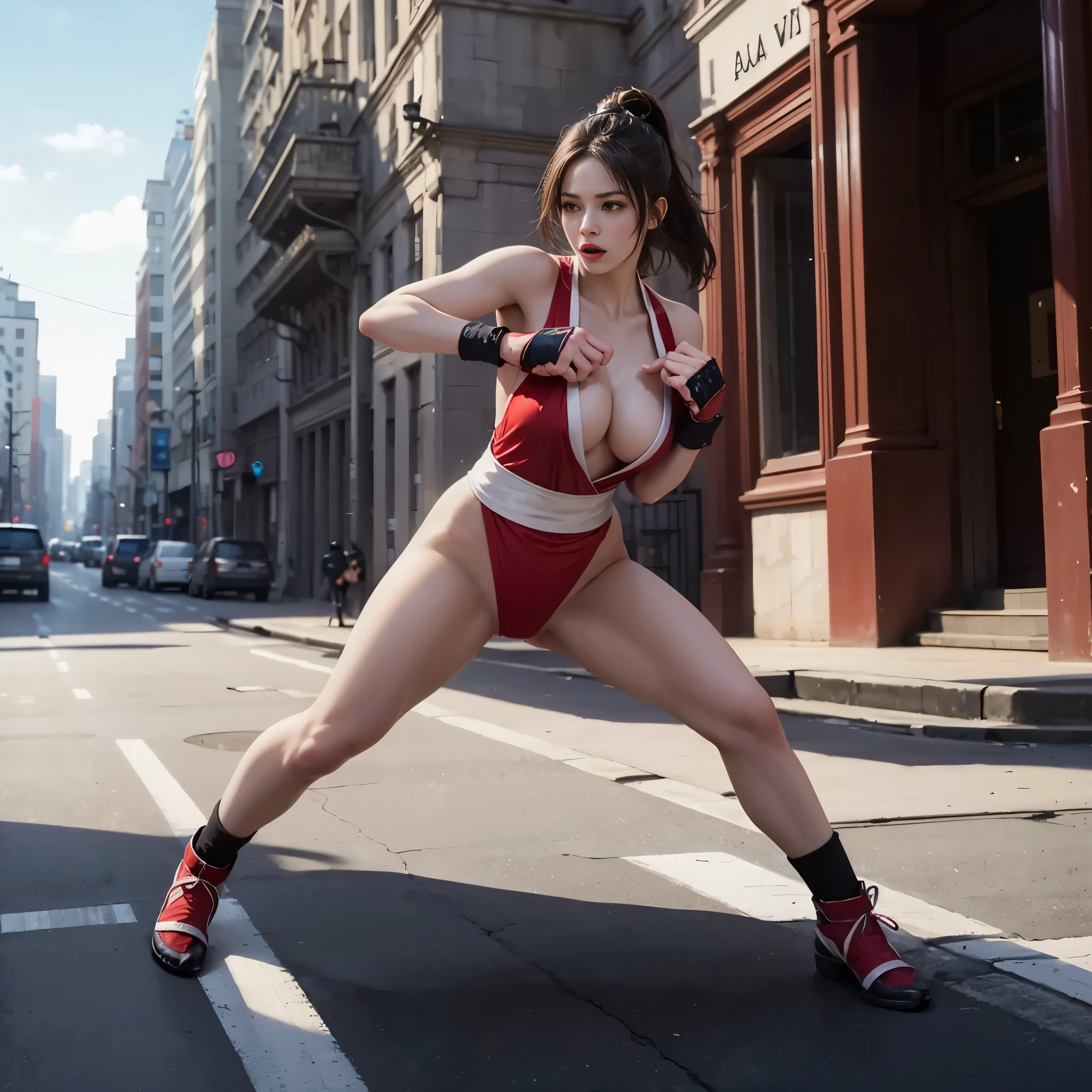 full body display,8k, best quality, high resolution, actual, real person, Female martial artist fighting in the street, show ferocity, She gave a powerful kick,Clench your hands into fists,The expression is firm, The scene captures the intensity and focus of the fighter jet, Showcasing her athletic prowess and fighting skills in vibrant and action-packed moments.