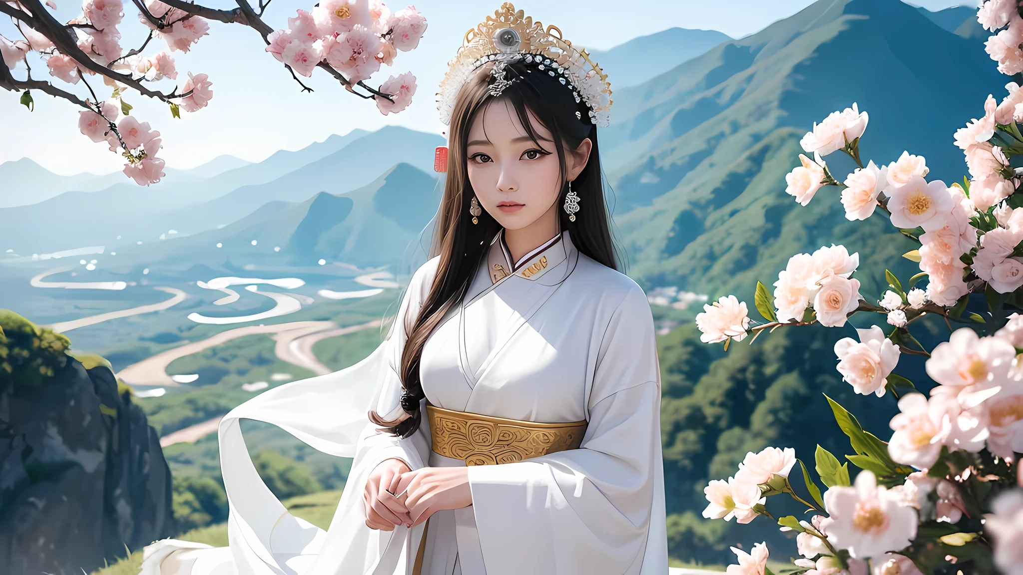 Rough image of a woman in a white dress holding flowers, Kannon, Kannon of the southern seas, ancient chinese goddess, Satisfied female bodhisattva, empress of china, ancient chinese princess, goddess of love and peace, beautiful fantasy empress, princess of ancient asia dynasty, beauty of ancient china, goddess of wisdom