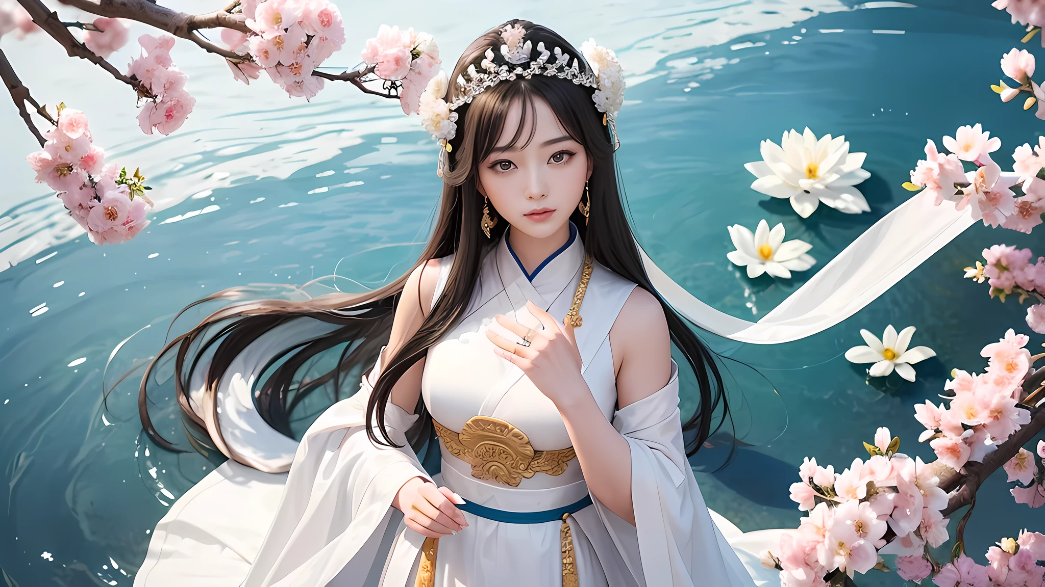 Rough image of a woman in a white dress holding flowers, Kannon, Kannon of the southern seas, ancient chinese goddess, Satisfied female bodhisattva, empress of china, ancient chinese princess, goddess of love and peace, beautiful fantasy empress, princess of ancient asia dynasty, beauty of ancient china, goddess of wisdom