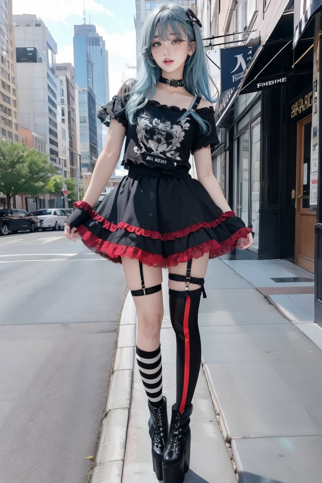 Freckles, blue hair, grey eyes, freckles, 1girl,   missmatch, red and black skirt, thighhigh and kneehigh, short sleeves, frills, choker, black shirt, thigh strap, asymmetrical legwear, platform boots, standing, cityscape,