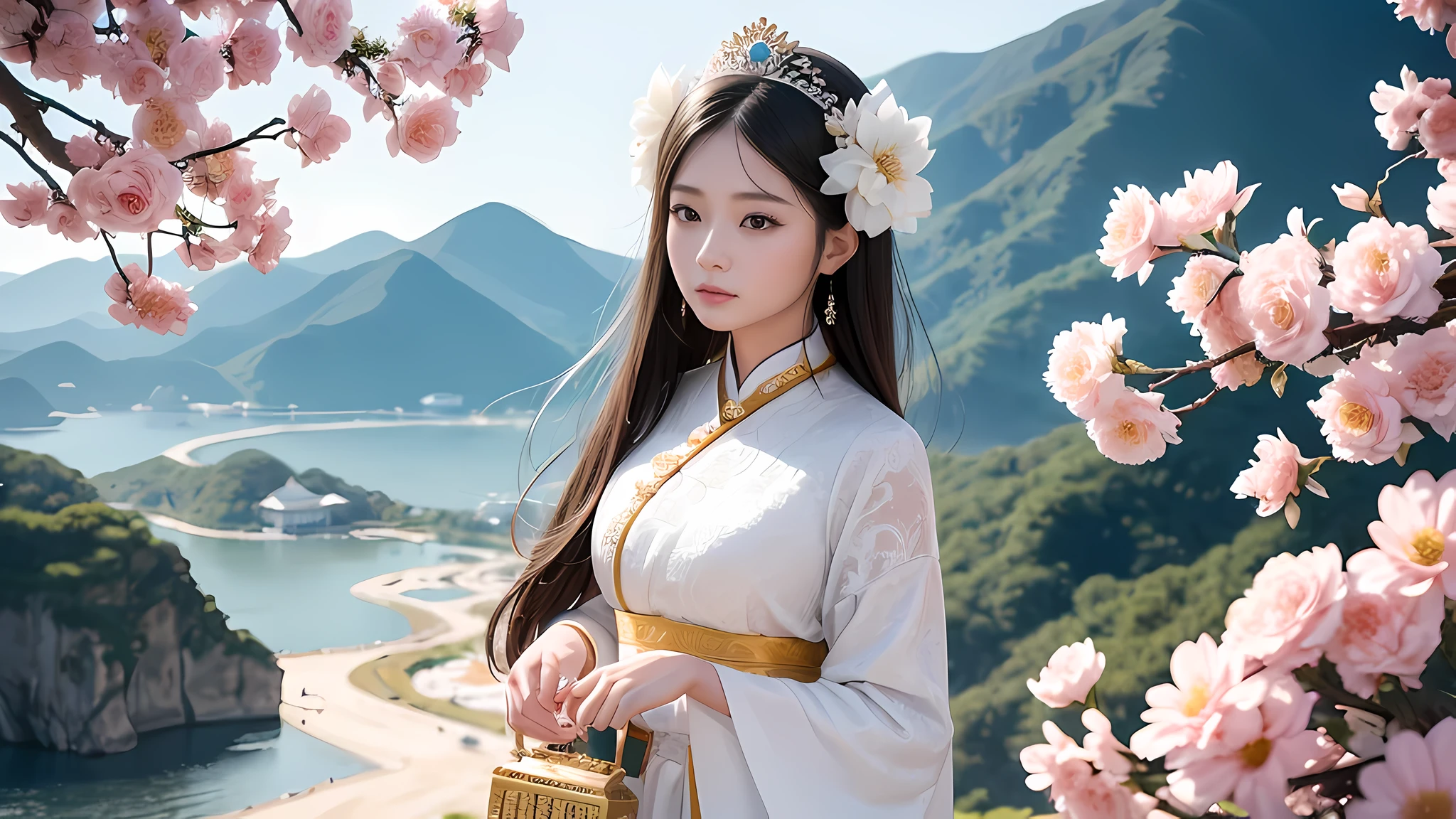 Rough image of a woman in a white dress holding flowers, Kannon, Kannon of the southern seas, ancient chinese goddess, Satisfied female bodhisattva, empress of china, ancient chinese princess, goddess of love and peace, beautiful fantasy empress, princess of ancient asia dynasty, beauty of ancient china, goddess of wisdom