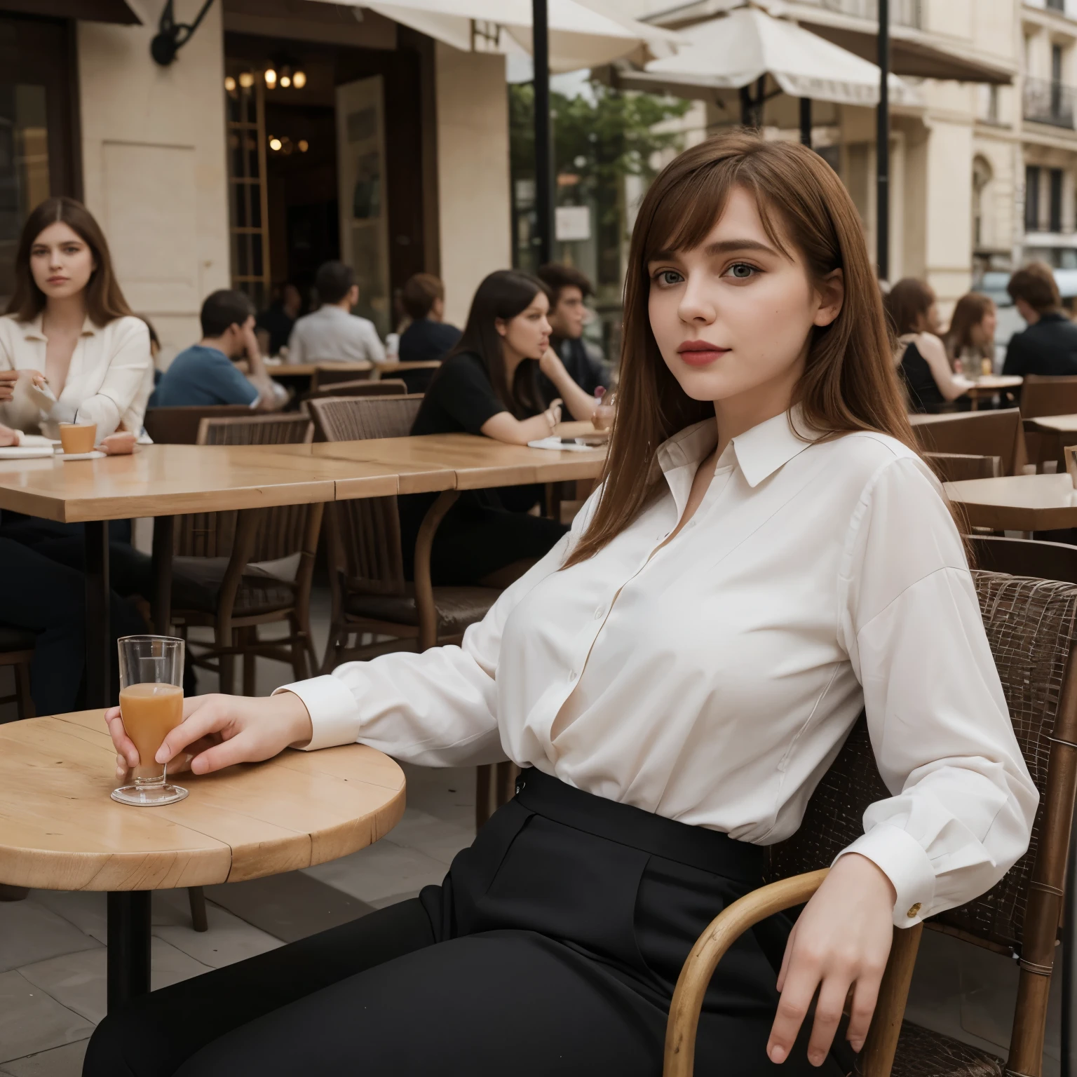 Sophia Lillis, thick woman, long straight hair, photograph quality, eyeshadow and lipstick, blouse and slacks, sitting in a chair at an outdoor cafe in Paris 