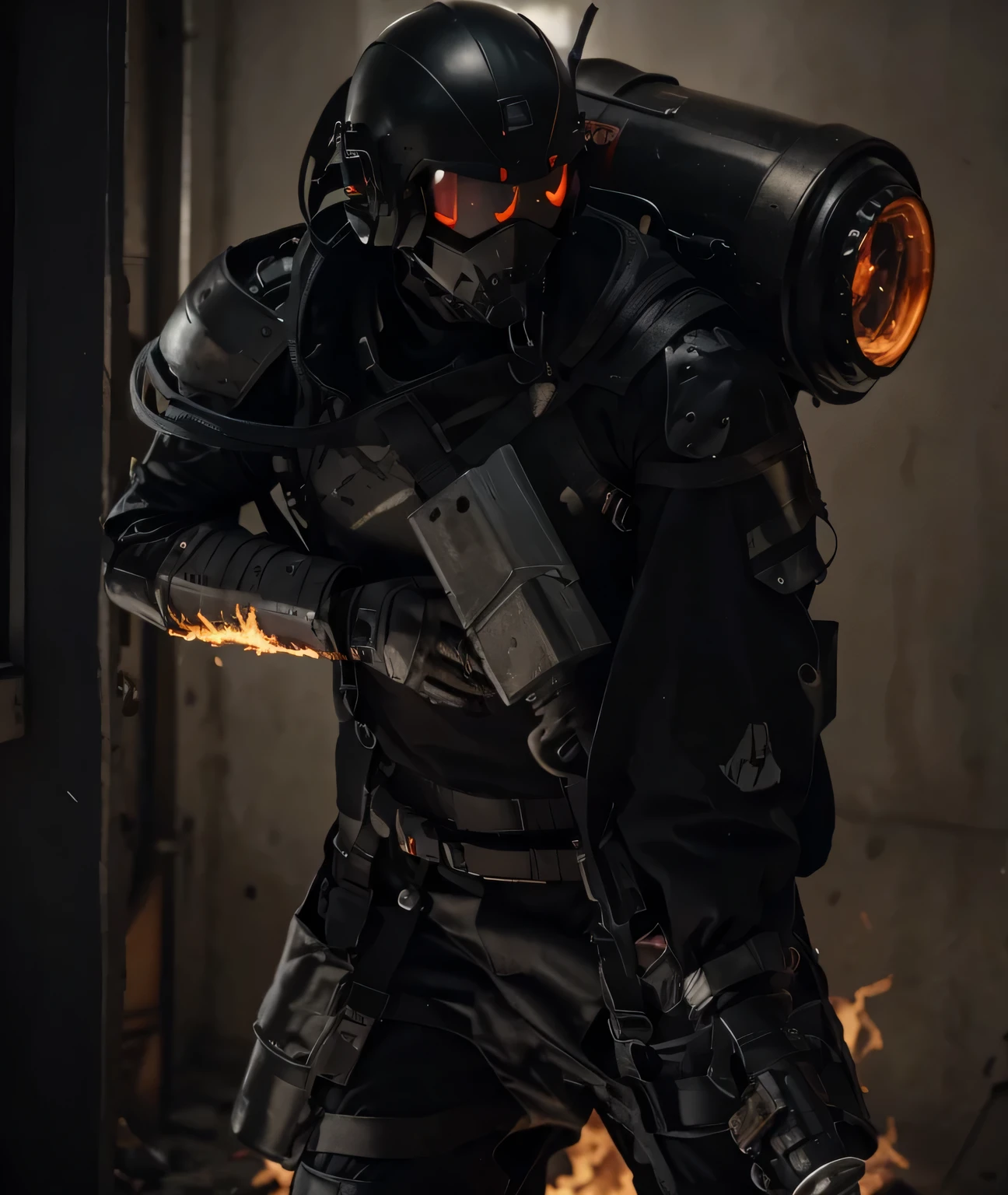male soldier with flamethrower, ultra modern cybernetic heavy armor in black with red details, metal shoulder pads, metal shoulder pads, ultra modern helmet with three red eyes, metal tank on his back, he carries a large flamethrower, rubber tubes and cables, he is in a city post apocalyptic totally destroyed, a lot of fire, large green mineral crystals on the ground, sunny day, top view, 4k, ultra detailed image, realistic, very detailed, perfect composition, splendid, intricately detailed, incredibly detailed, art photography 8k, hyper detailed , Masterpiece, ultra detailed, hyper realistic, 4k, ultra detailed image, realistic, highly detailed, perfect composition, splendid, intricately detailed, incredibly detailed, Artistic photography in 8k, hyper detailed