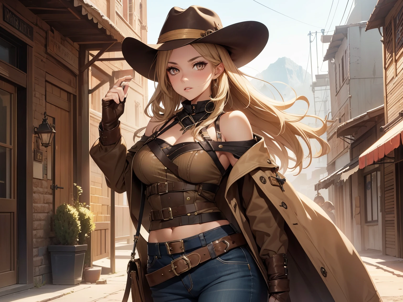 (best quality, 4k, 8k, highres, masterpiece:1.2),
	ultra-detailed,
	detailed face,
	detailed lips and eyes,
	attractive appearance,
	expressive face,
	anime style,
BREAK
	Valerie the Thief beautiful caucasian woman with messy wavy (shoulder length:1.3) blonde hair,
	23 years old,
	((big eyes)),
	(brown eyes:1.4),
	brown eyebrows,
	fair skin,
	lean and athletic,
BREAK
	detailed perfect fingers,
	perfect hands,
	detailed perfect face,
	intense blushing,
	short female,
	open mouth,
	smirk,
	arrogant caring slightly shy and slutty expression,
	(solo:1.2),
BREAK
	Wild West Gunslinger,
	Embrace the rugged charm of the Wild West with a weathered leather duster coat,	adorned with fringe details that sway with each step.
	Beneath, don a fitted vest over a collared shirt, complete with a bandana tied loosely around your neck for a touch of authenticity,
BREAK
	Opt for sturdy denim jeans and leather boots, ensuring both style and functionality in the dusty frontier,
	Equip yourself with a wide-brimmed hat to shield from the scorching sun and fingerless gloves for quick draw accuracy,
	Strap a revolver to your hip in a well-worn holster, ready to face any showdown on the open range,
BREAK
	masterpiece background,
	desert or vintage western movie setting,
	alluring diverse and dynamic poses,
	((one or more horses)),
	attack, motion,
	ray tracing, sun, sun beam,
	from slightly below,
	dynamic angle,
	sunshine beam.