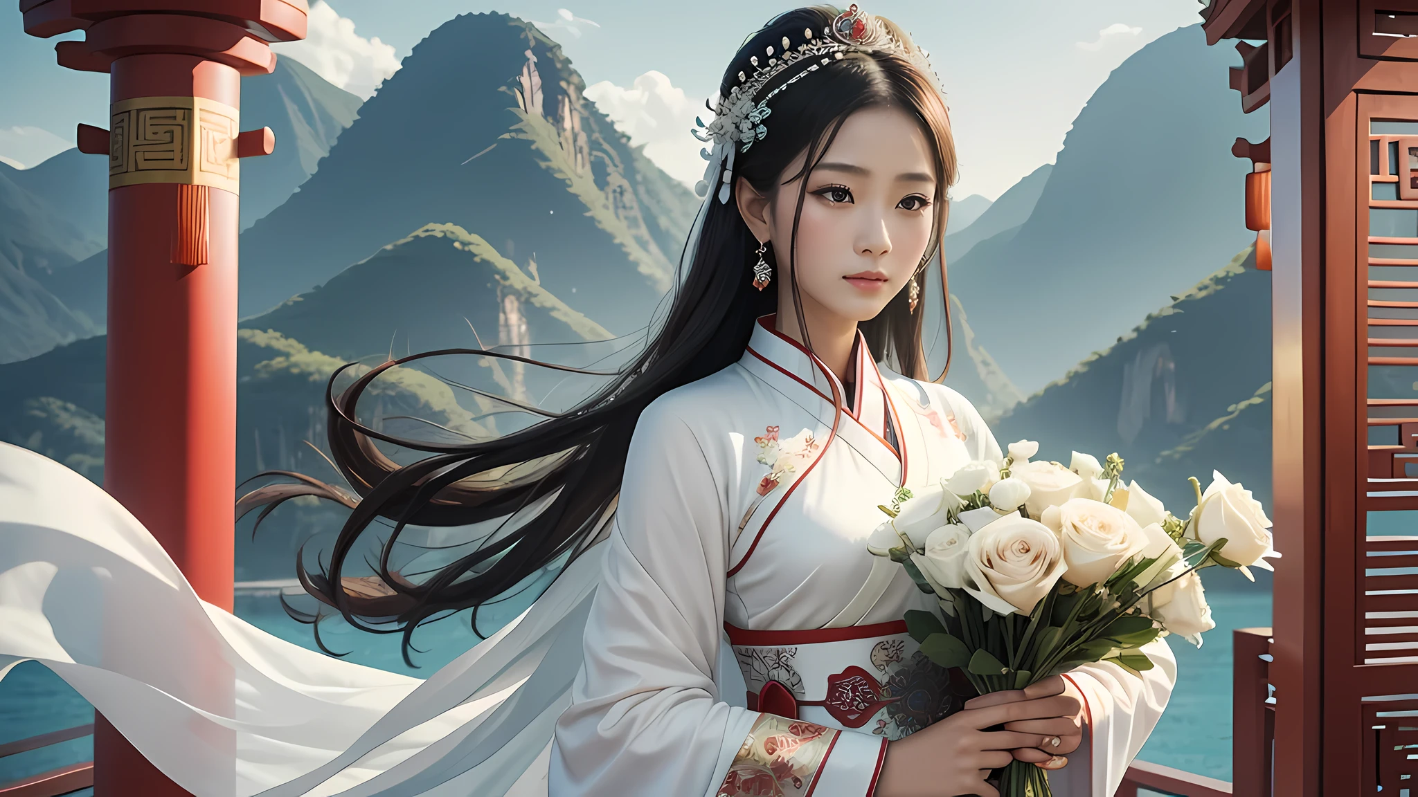 Rough image of a woman in a white dress holding flowers, Digital rendering inspired by Luo Mu, shutter stock, Cloisonné, Kannon, Kannon of the southern seas, ancient chinese goddess, Satisfied female bodhisattva, empress of china, ancient chinese princess, goddess of love and peace, beautiful fantasy empress