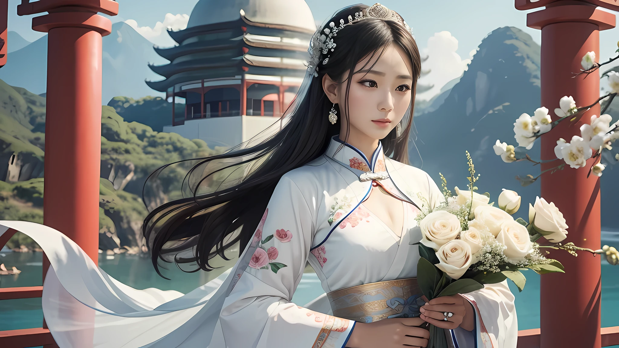 Rough image of a woman in a white dress holding flowers, Digital rendering inspired by Luo Mu, shutter stock, Cloisonné, Kannon, Kannon of the southern seas, ancient chinese goddess, Satisfied female bodhisattva, empress of china, ancient chinese princess, goddess of love and peace, beautiful fantasy empress