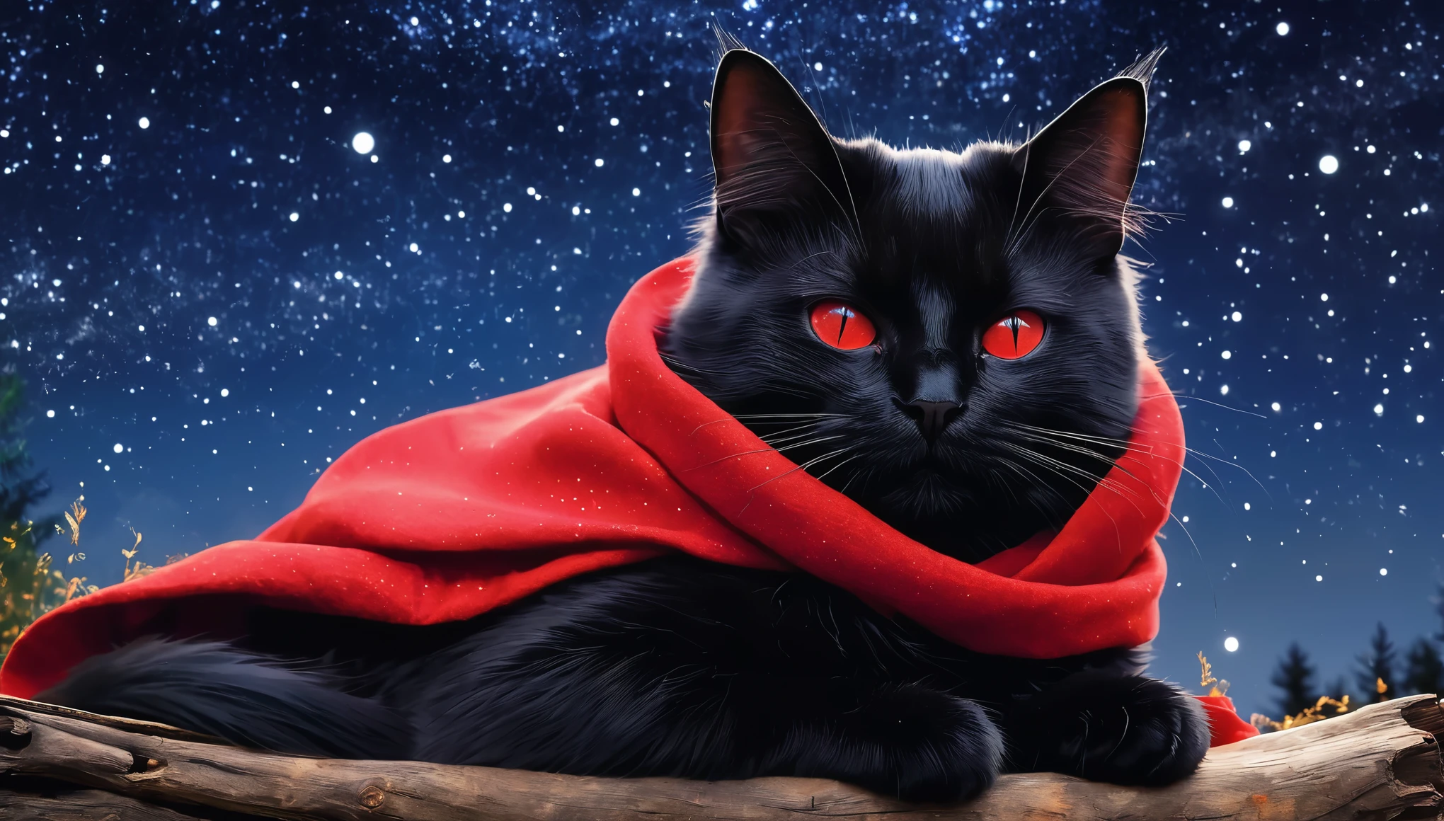 black cat wearing a red scarf cute bonfire night forest beautiful starry sky Ghibli style Picture book style Mr.々pose Mr.々angle back view Are sleeping