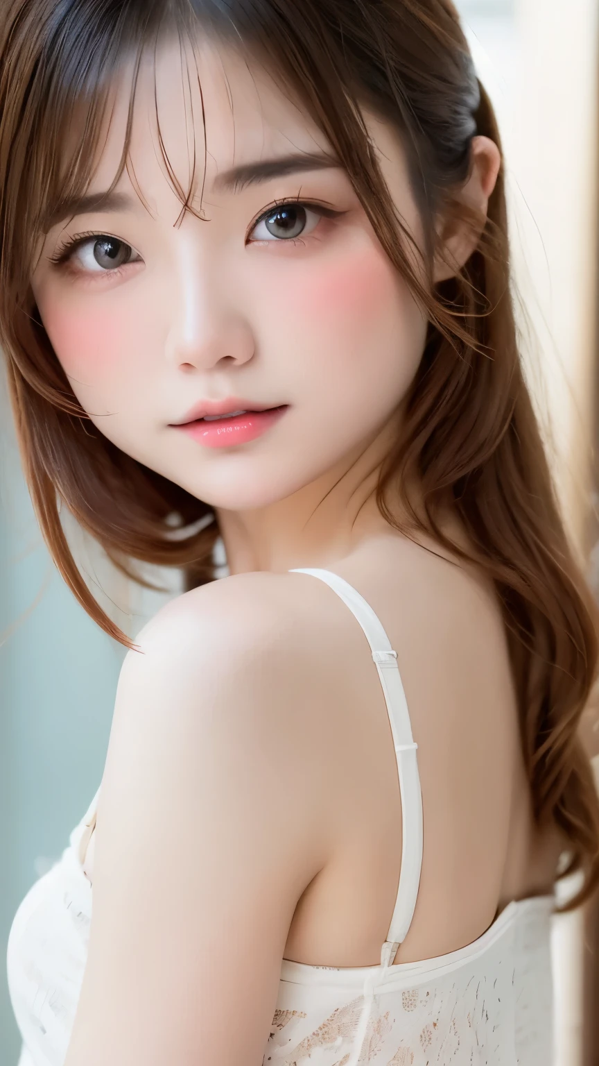 one girl、((smile:0.1))、pretty girl、brown hair、baby face、young、delicate girl、Upper body、small breasts、unreasonable precision、Super detailed、camisole、completely flat、Honesty、thin arms, professional lighting, film grain, chromatic aberration, (Eye and face details:1.0), (Bokeh:1.1)、software:1.5)))、 highest quality, 8k, 14 years,