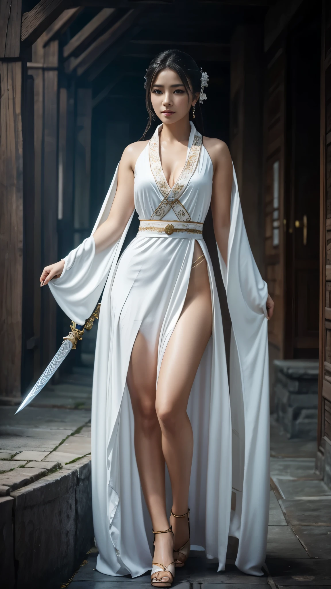 a close up of a woman with a sword in a white dress, a character portrait by Yang J, trending on cgsociety, fantasy art, beautiful character painting, artwork in the style of guweiz, guweiz, white hanfu, flowing white robes, full body wuxia, epic exquisite character art, stunning character art, beautiful female assassin  