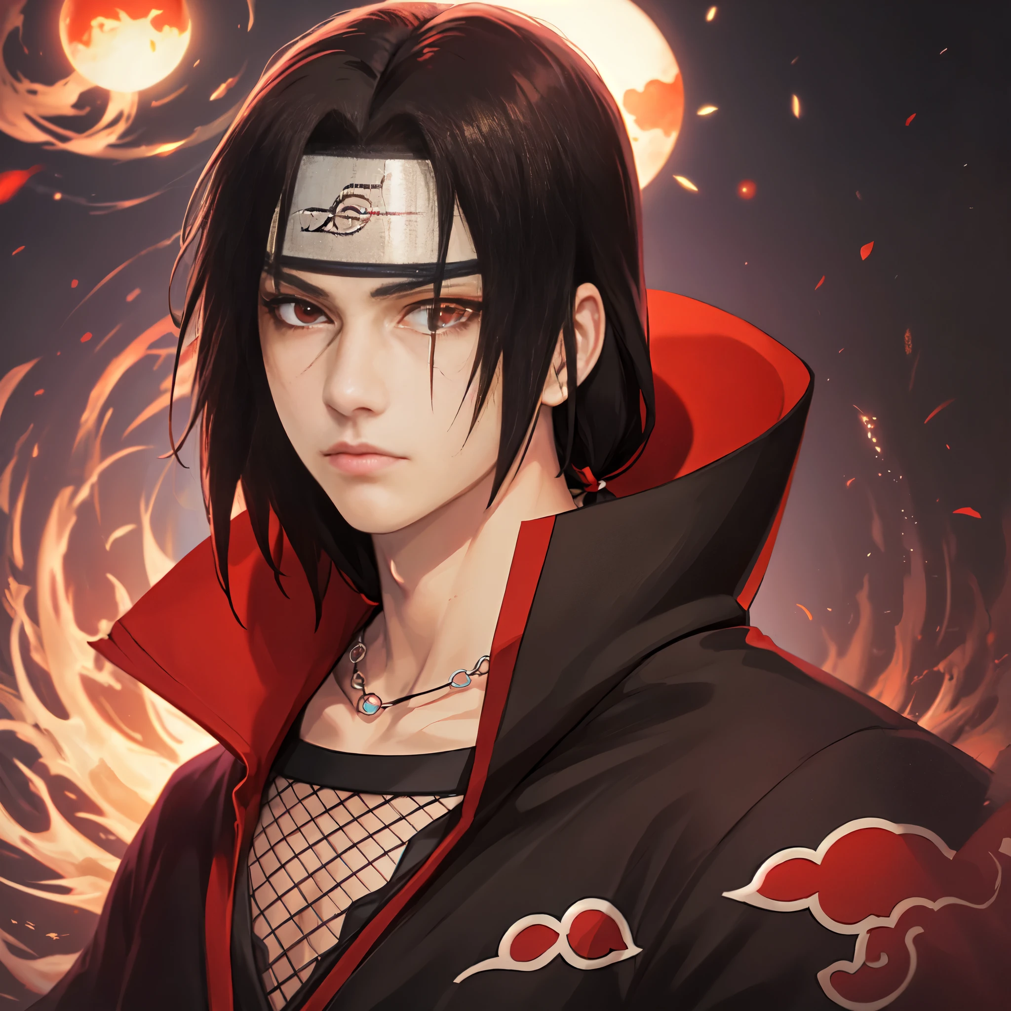 (masterpiece, best quality:1.2), red theme, solo, male focus, 1boy, uchiha itachi, expressionless, closed mouth, looking at viewer, forehead protector, ninja, cloak, high collar, jewelry, necklace
