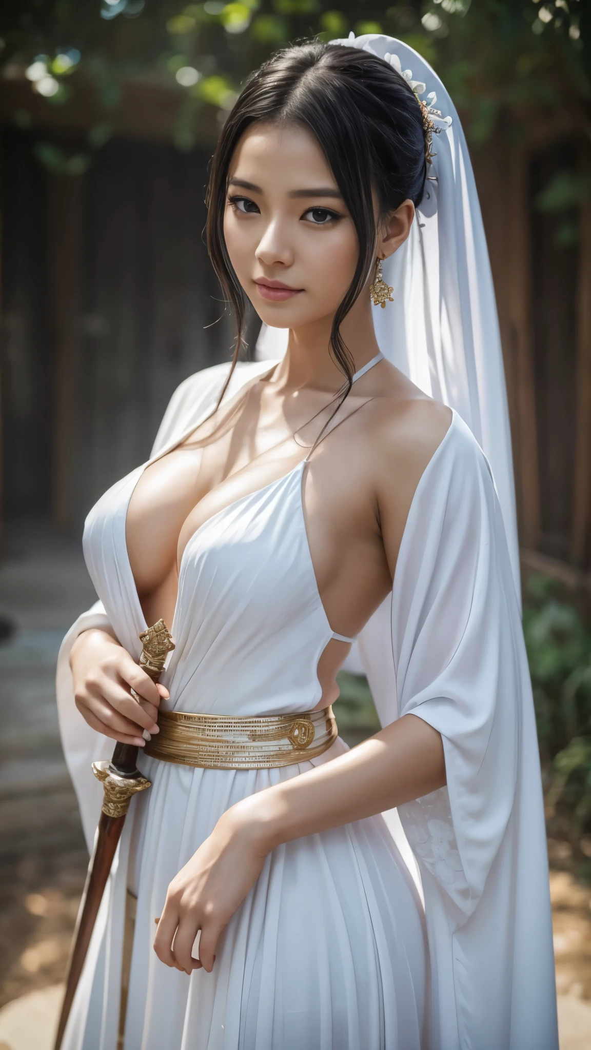 a close up of a woman with a sword in a white dress, a character portrait by Yang J, trending on cgsociety, fantasy art, beautiful character painting, artwork in the style of guweiz, guweiz, white hanfu, flowing white robes, full body wuxia, epic exquisite character art, stunning character art, beautiful female assassin  