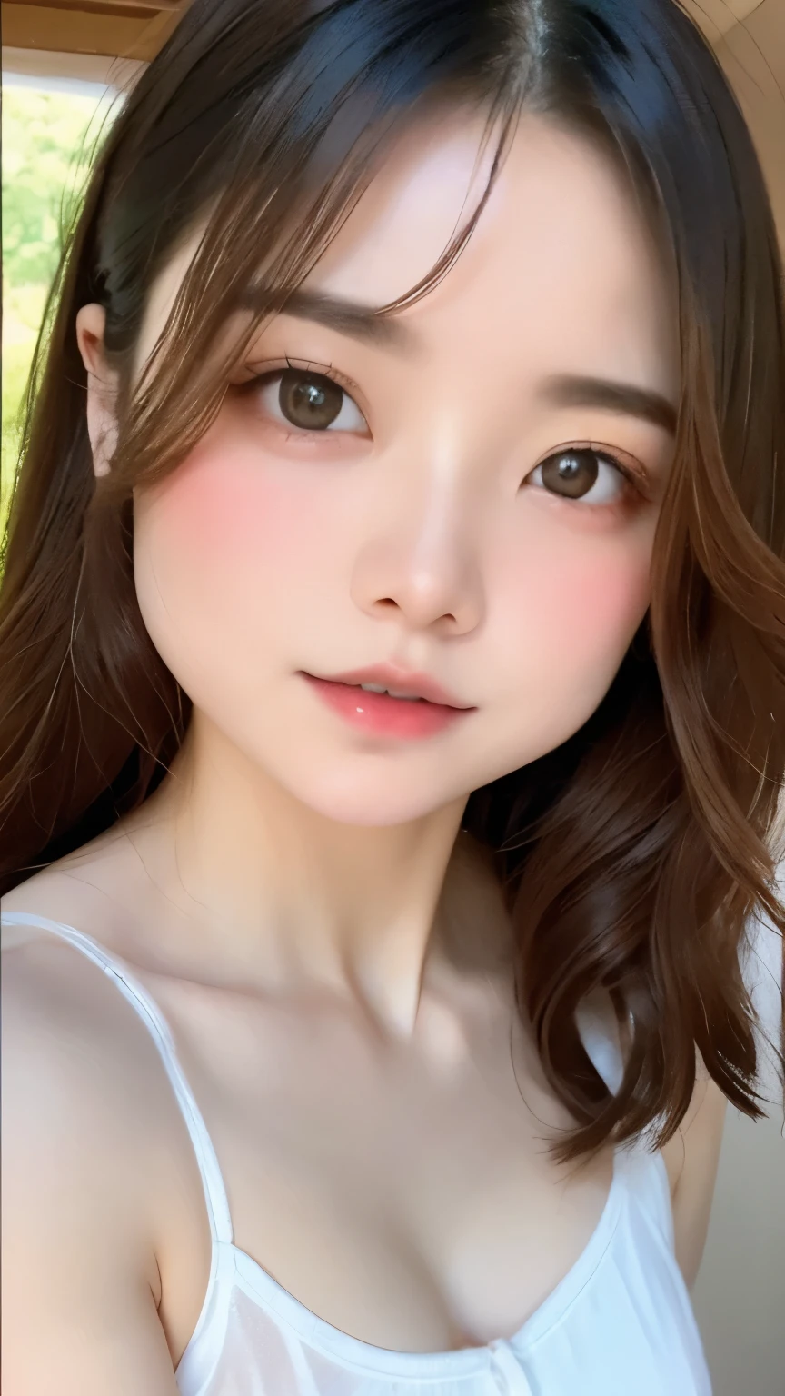 one girl、((smile:0.1))、pretty girl、brown hair、、young、delicate girl、Upper body、small breasts、unreasonable precision、Super detailed、camisole、completely flat、Honesty、thin arms, professional lighting, film grain, chromatic aberration, (Eye and face details:1.0), (Bokeh:1.1)、software:1.5)))、 highest quality, 8k, 14 years,