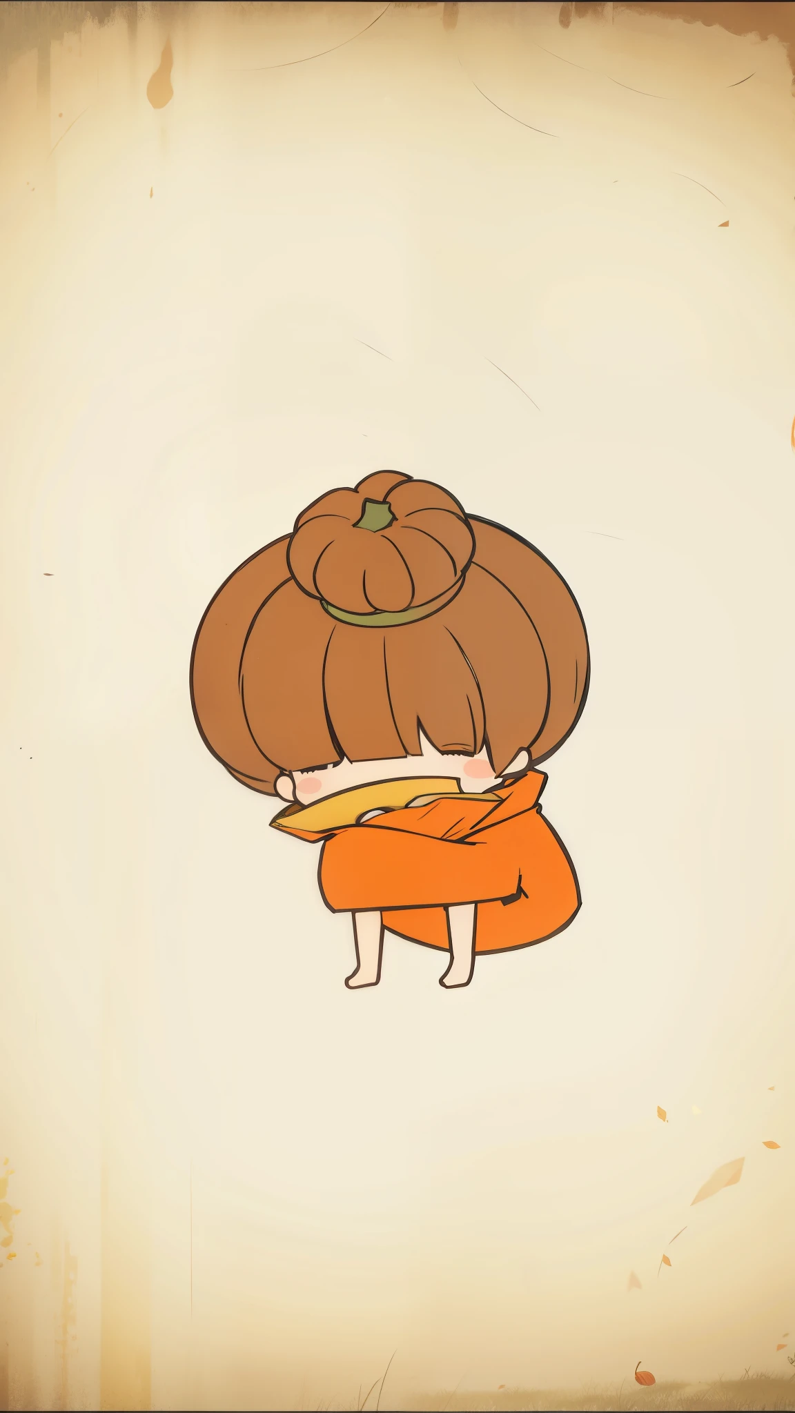 a close up of a person Embrace a pumpkin on a brown background, 🍁 Lovely, hair covering eyes, her hair tied on her head, she is a gourd, Ji Qie, Orange halo on head, OK ), Embrace, OK, animation stills, animation stills, she has long orange brown hair, Inspired by Yoshitomo Nara