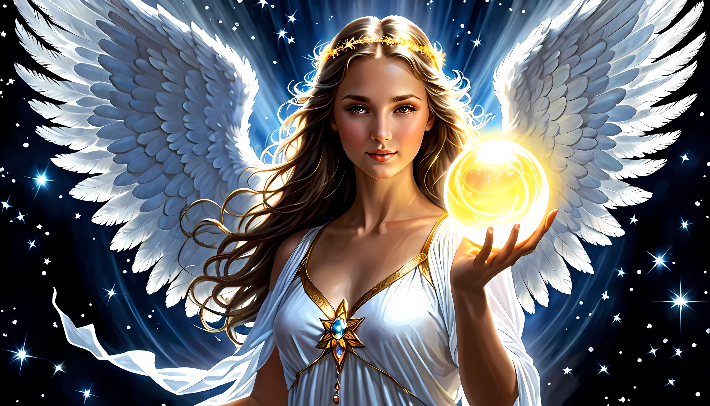 There&#39;sa with a glowing ball in his hand,  with the power of magic, of an beautiful Angel girl, beautiful Angel girl portrait, glowing Angelic being, beautiful Angel, wonderful, Angel girl, Angelic light, sacred fire magic art, of beautiful Angel, Written by Eugenius Zack, Angel, Angelical, Angel spirit guide, portrait of a beautiful Angel