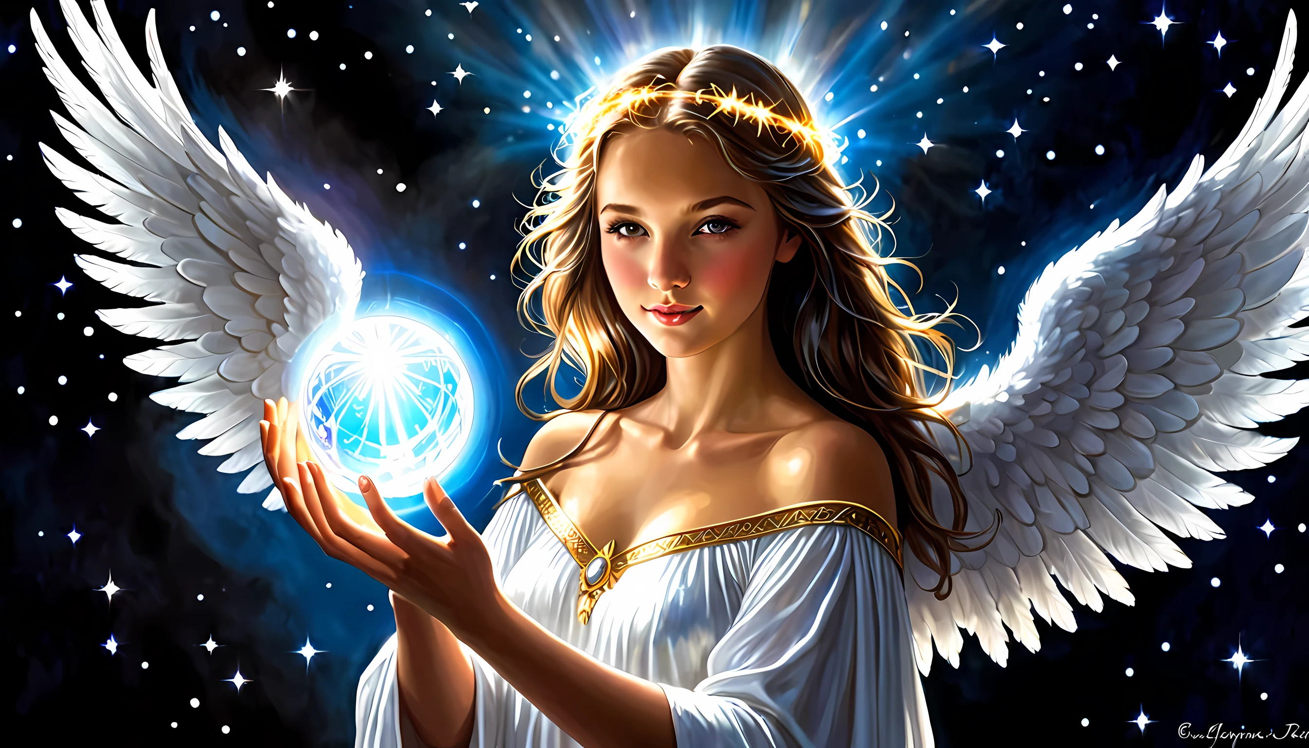 There&#39;sa with a glowing ball in his hand,  with the power of magic, of an beautiful Angel girl, beautiful Angel girl portrait, glowing Angelic being, beautiful Angel, wonderful, Angel girl, Angelic light, sacred fire magic art, of beautiful Angel, Written by Eugenius Zack, Angel, Angelical, Angel spirit guide, portrait of a beautiful Angel