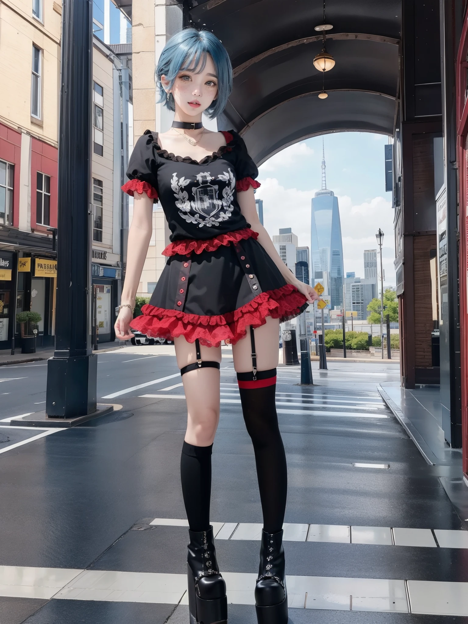 Freckles, blue hair, grey eyes, freckles, 1girl,   missmatch, red and black skirt, thighhigh and kneehigh, short sleeves, frills, choker, black shirt, thigh strap, asymmetrical legwear, platform boots, standing, cityscape,