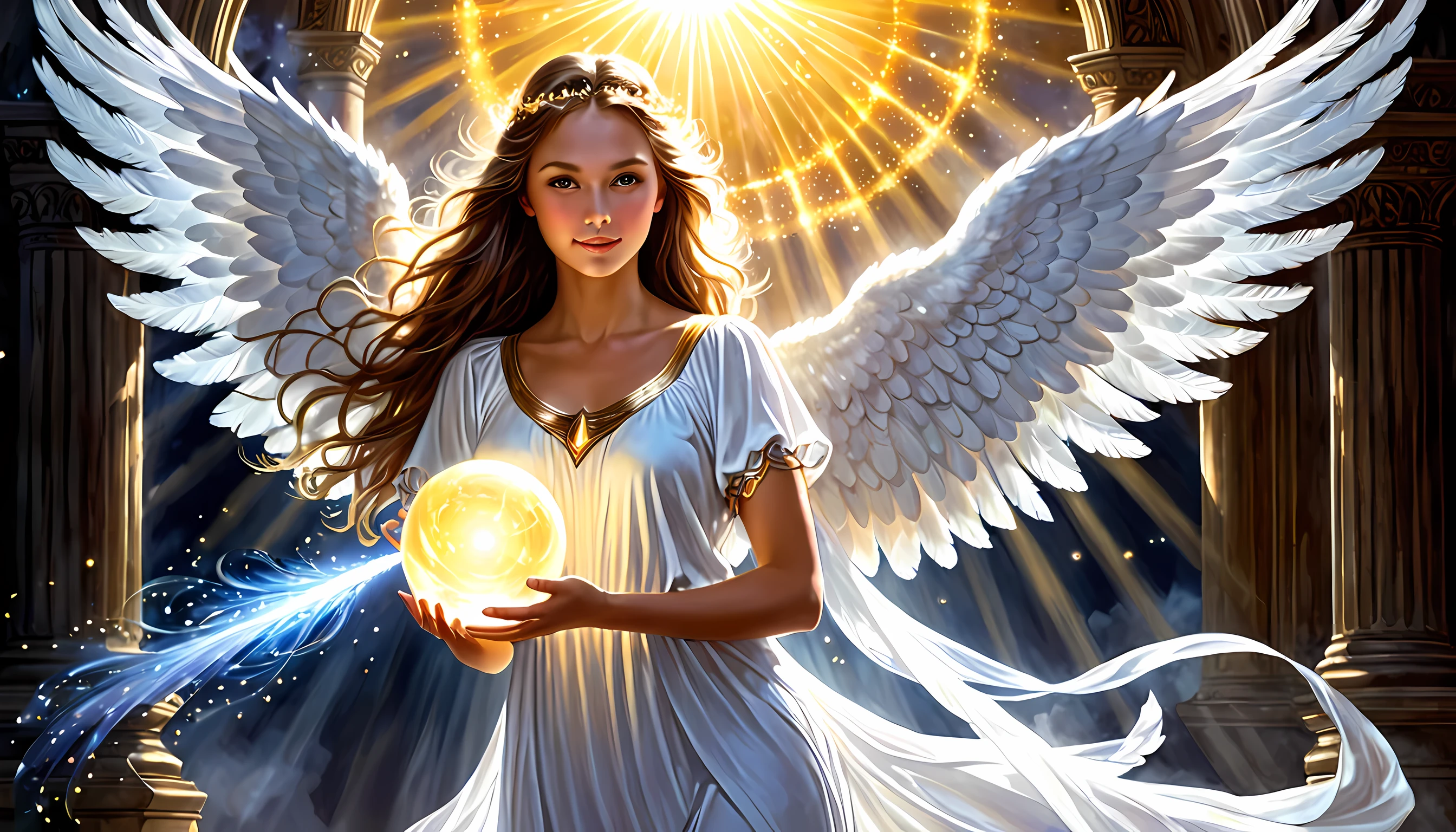 There'sa with a glowing ball in his hand, with the power of magic, of an beautiful Angel girl, beautiful Angel girl portrait, glowing Angelic being, beautiful Angel, wonderful, Angel girl, Angelic light, sacred fire magic art, of beautiful Angel, Written by Eugenius Zack, Angel, Angelical, Angel spirit guide, portrait of a beautiful Angel