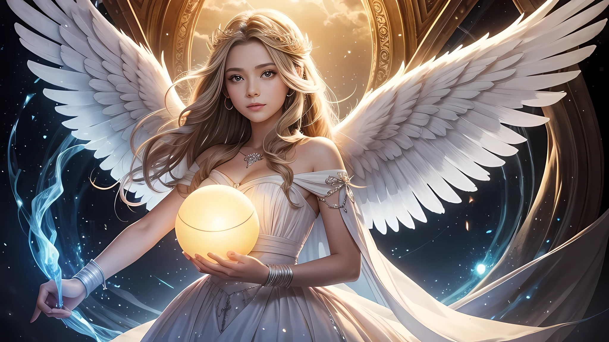 There'sa with a glowing ball in his hand, with the power of magic, of an beautiful Angel girl, beautiful Angel girl portrait, glowing Angelic being, beautiful Angel, wonderful, Angel girl, Angelic light, sacred fire magic art, of beautiful Angel, Written by Eugenius Zack, Angel, Angelical, Angel spirit guide, portrait of a beautiful Angel