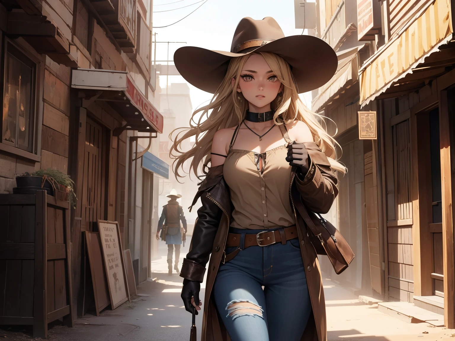 (best quality, 4k, 8k, highres, masterpiece:1.2),
	ultra-detailed,
	detailed face,
	detailed lips and eyes,
	attractive appearance,
	expressive face,
	anime style,
BREAK
	Valerie the Thief beautiful caucasian woman with messy wavy (shoulder length:1.3) blonde hair,
	23 years old,
	((big eyes)),
	(brown eyes:1.4),
	brown eyebrows,
	fair skin,
	lean and athletic,
BREAK
	detailed perfect fingers,
	perfect hands,
	detailed perfect face,
	intense blushing,
	short female,
	open mouth,
	smirk,
	arrogant caring slightly shy and slutty expression,
	(solo:1.2),
BREAK
	Wild West Gunslinger,
	Embrace the rugged charm of the Wild West with a weathered leather duster coat,	adorned with fringe details that sway with each step.
	Beneath, don a fitted vest over a collared shirt, complete with a bandana tied loosely around your neck for a touch of authenticity,
BREAK
	Opt for sturdy denim jeans and leather boots, ensuring both style and functionality in the dusty frontier,
	Equip yourself with a wide-brimmed hat to shield from the scorching sun and fingerless gloves for quick draw accuracy,
	Strap a revolver to your hip in a well-worn holster, ready to face any showdown on the open range,
BREAK
	masterpiece background,
	desert or vintage western movie setting,
	alluring diverse and dynamic poses,
	horse,
	attack, motion,
	ray tracing,
	sunshine beam.