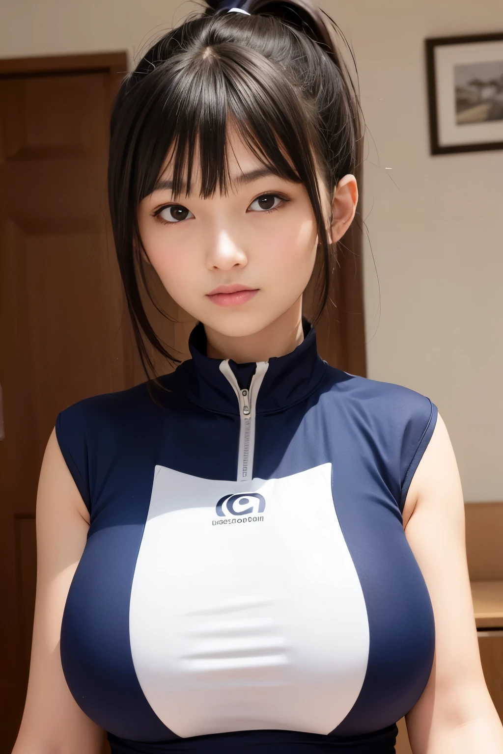 Beautiful woman in her 20s、women of various nationalities、ponytail、big breasts、volleyball uniform、indoor、upper body only