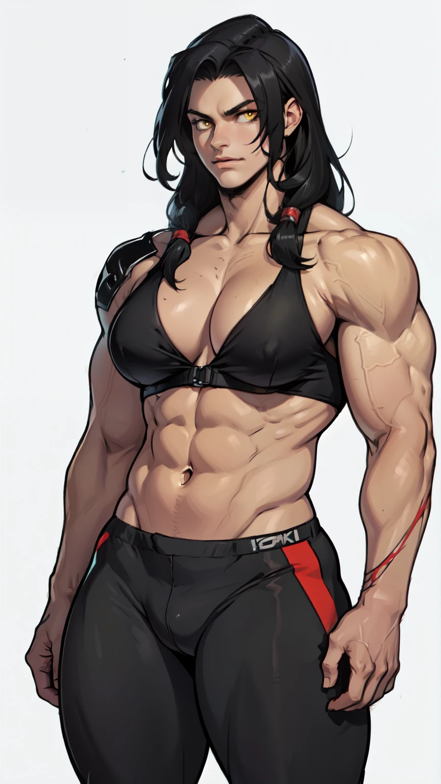 (((muscular girl toned body large breasts thick perfect anatomy))) yellow eyes black hair pale best quality