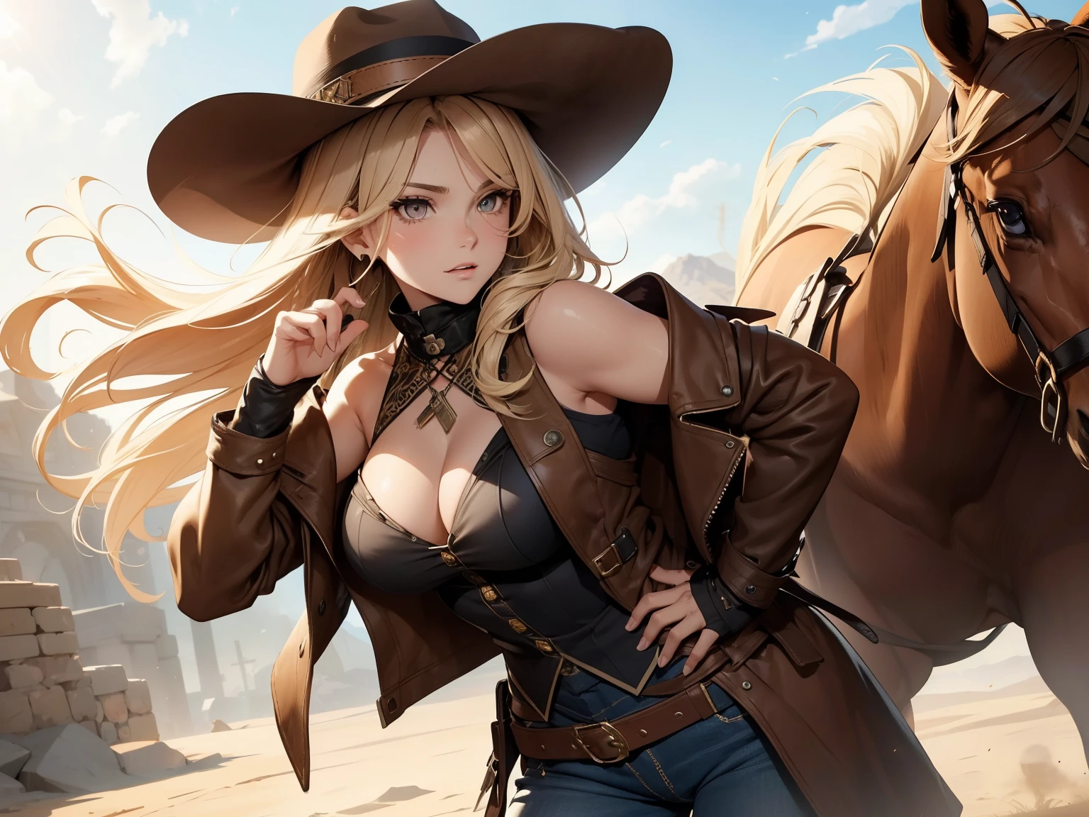 (best quality, 4k, 8k, highres, masterpiece:1.2),
	ultra-detailed,
	detailed face,
	detailed lips and eyes,
	attractive appearance,
	expressive face,
	anime style,
BREAK
	Valerie the Thief beautiful caucasian woman with messy wavy (shoulder length:1.3) blonde hair,
	23 years old,
	((big eyes)),
	(brown eyes:1.4),
	brown eyebrows,
	fair skin,
	lean and athletic,
BREAK
	detailed perfect fingers,
	perfect hands,
	detailed perfect face,
	intense blushing,
	short female,
	open mouth,
	smirk,
	arrogant caring slightly shy and slutty expression,
	(solo:1.2),
BREAK
	Wild West Gunslinger,
	Embrace the rugged charm of the Wild West with a weathered leather duster coat,	adorned with fringe details that sway with each step.
	Beneath, don a fitted vest over a collared shirt, complete with a bandana tied loosely around your neck for a touch of authenticity,
BREAK
	Opt for sturdy denim jeans and leather boots, ensuring both style and functionality in the dusty frontier,
	Equip yourself with a wide-brimmed hat to shield from the scorching sun and fingerless gloves for quick draw accuracy,
	Strap a revolver to your hip in a well-worn holster, ready to face any showdown on the open range,
BREAK
	masterpiece background,
	desert or vintage western movie setting,
	alluring diverse and dynamic poses,
	((one or more horses)),
	attack, motion,
	ray tracing, sun, sun beam,
	from slightly below,
	dynamic angle,
	sunshine beam.