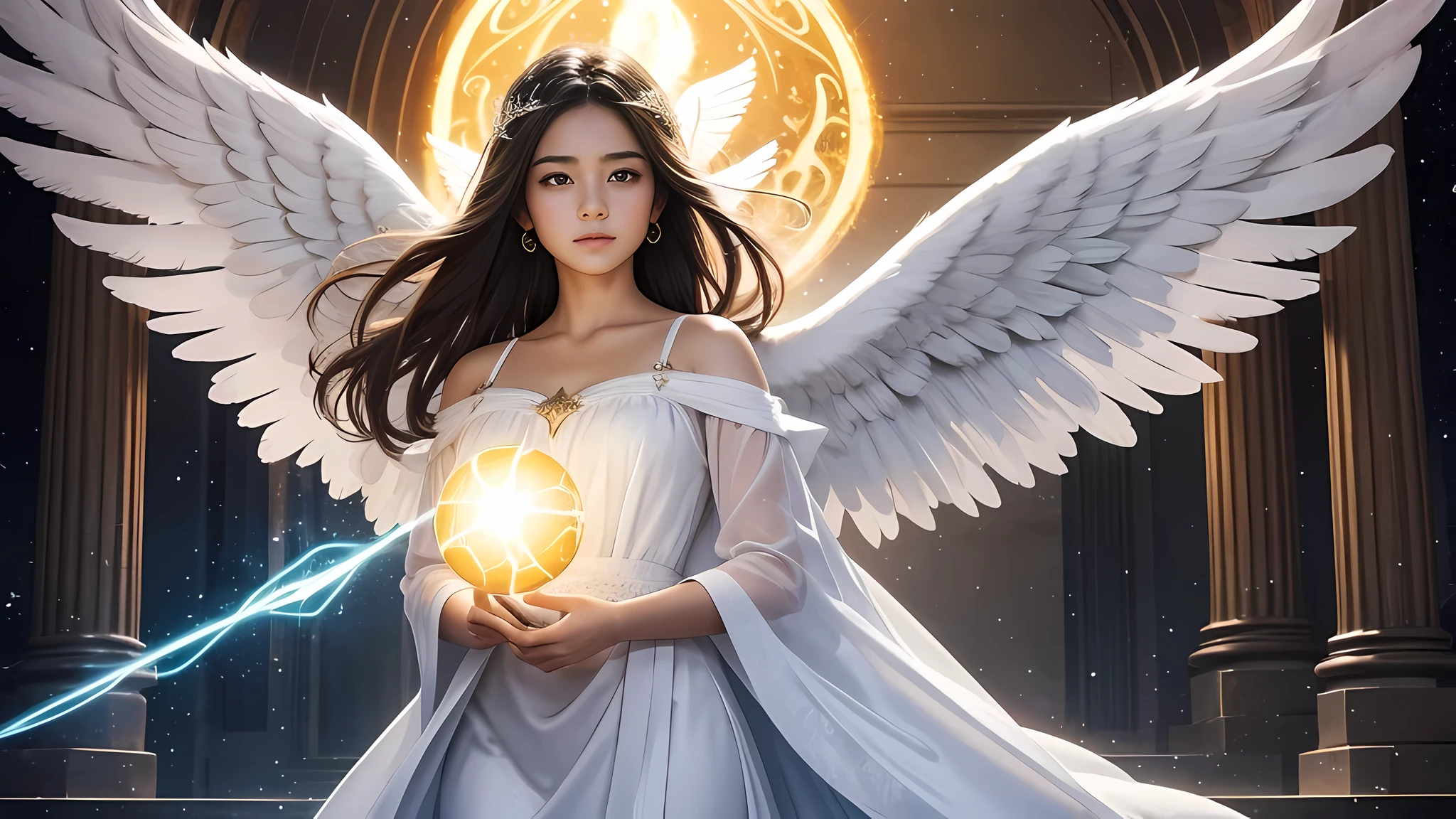 There&#39;sa with a glowing ball in his hand,  with the power of magic, of an beautiful Angel girl, beautiful Angel girl portrait, glowing Angelic being, beautiful Angel, wonderful, Angel girl, Angelic light, sacred fire magic art, of beautiful Angel, Written by Eugenius Zack, Angel, Angelical, Angel spirit guide, portrait of a beautiful Angel