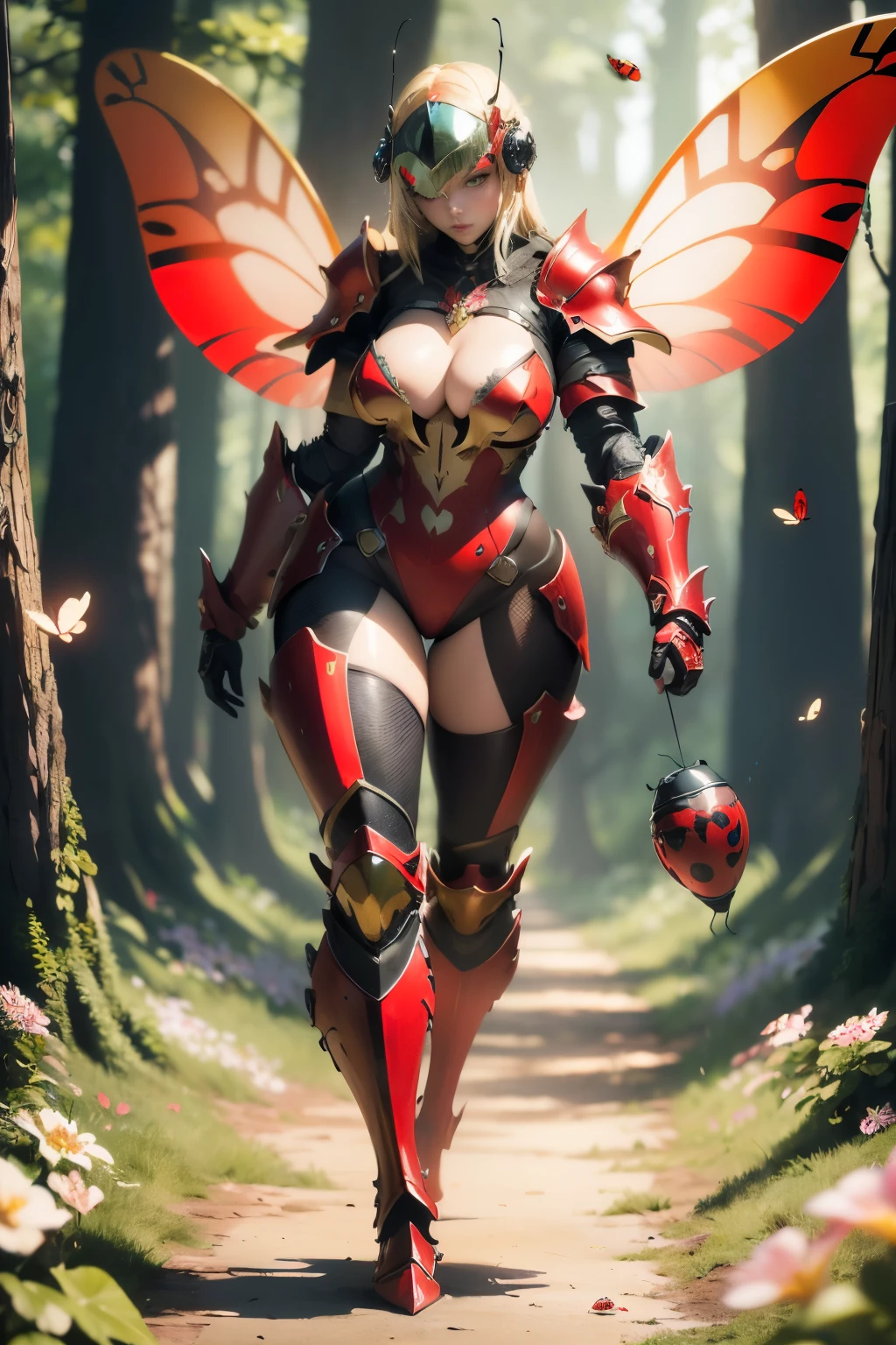 (masterpiece: 1.5, best quality: 1.5, absurd), ultra-detailed, perfect anatomy, (hand reference anatomy: 1), an illustration (detailed illustration, fantasy, A beautiful warrior girl, with blonde hair, beautiful and detailed face, (wears insectoid armor, armor shaped like ladybug skin, red and black metal armor), wasp wings, neckline, armor shaped like ladybug skin, red metal armor with black dots, helmet with antennas, ( full body, cowboy photo), cleavage, enchanted forest background, lora:more_details :#, CGSoation Trends, forest green blurred background, surrounded by flowers and flying petals), dynamic action, intelligence core, shading, faster, colorful and intense, very intricate details,