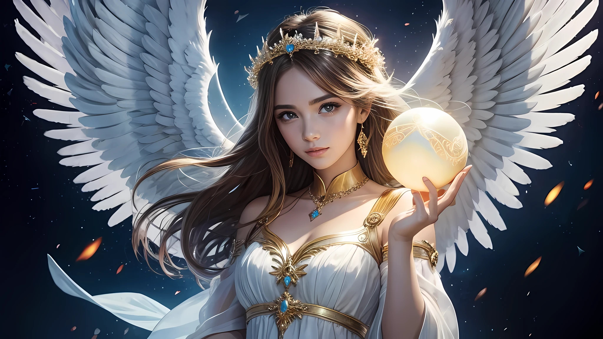 There&#39;sa with a glowing ball in his hand,  with the power of magic, of an beautiful Angel girl, beautiful Angel girl portrait, glowing Angelic being, beautiful Angel, wonderful, Angel girl, Angelic light, sacred fire magic art, of beautiful Angel, Written by Eugenius Zack, Angel, Angelical, Angel spirit guide, portrait of a beautiful Angel
