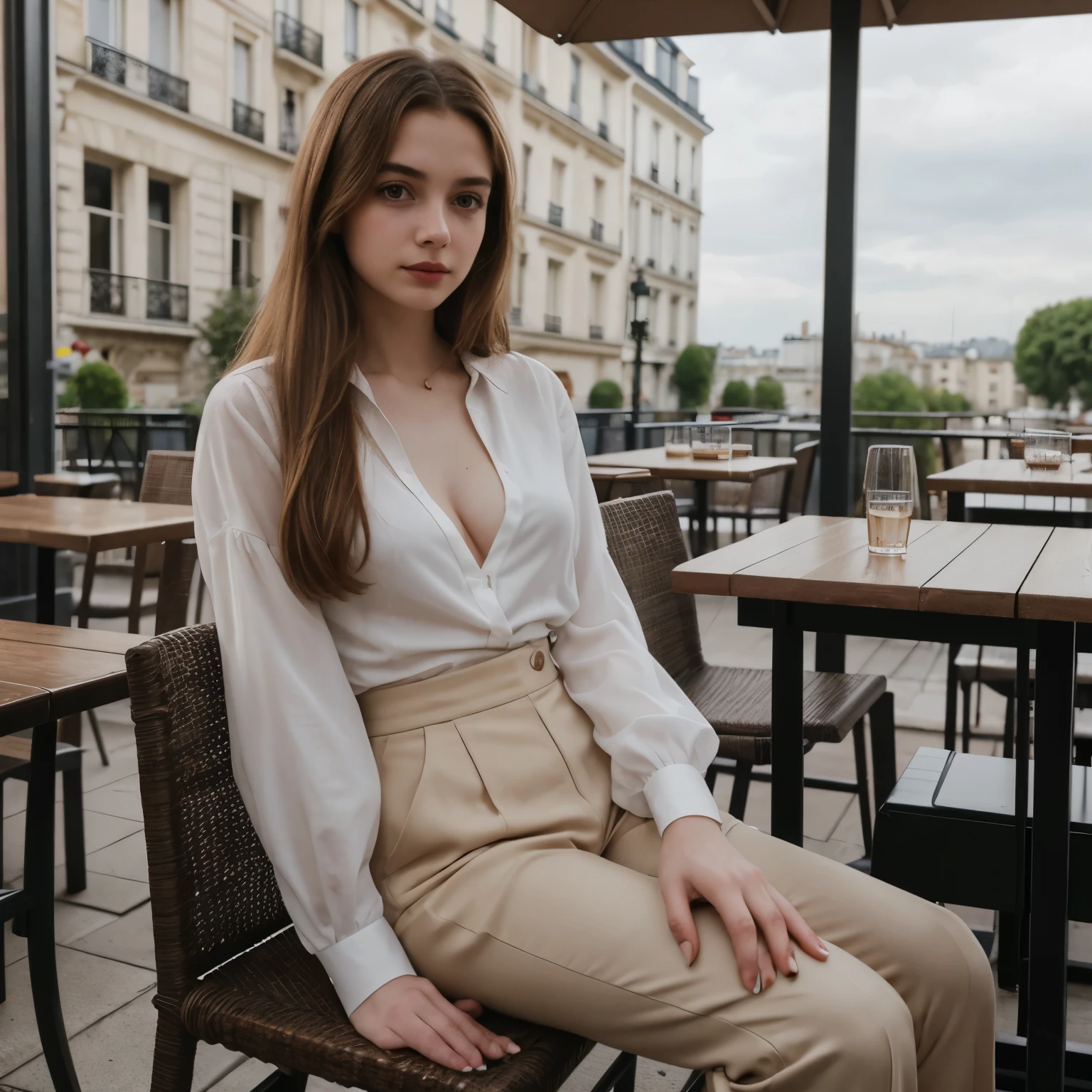 Sophia Lillis, slender , long straight hair, photograph quality, eyeshadow and lipstick, blouse and slacks, cleavage, sitting in a chair at an outdoor cafe in Paris