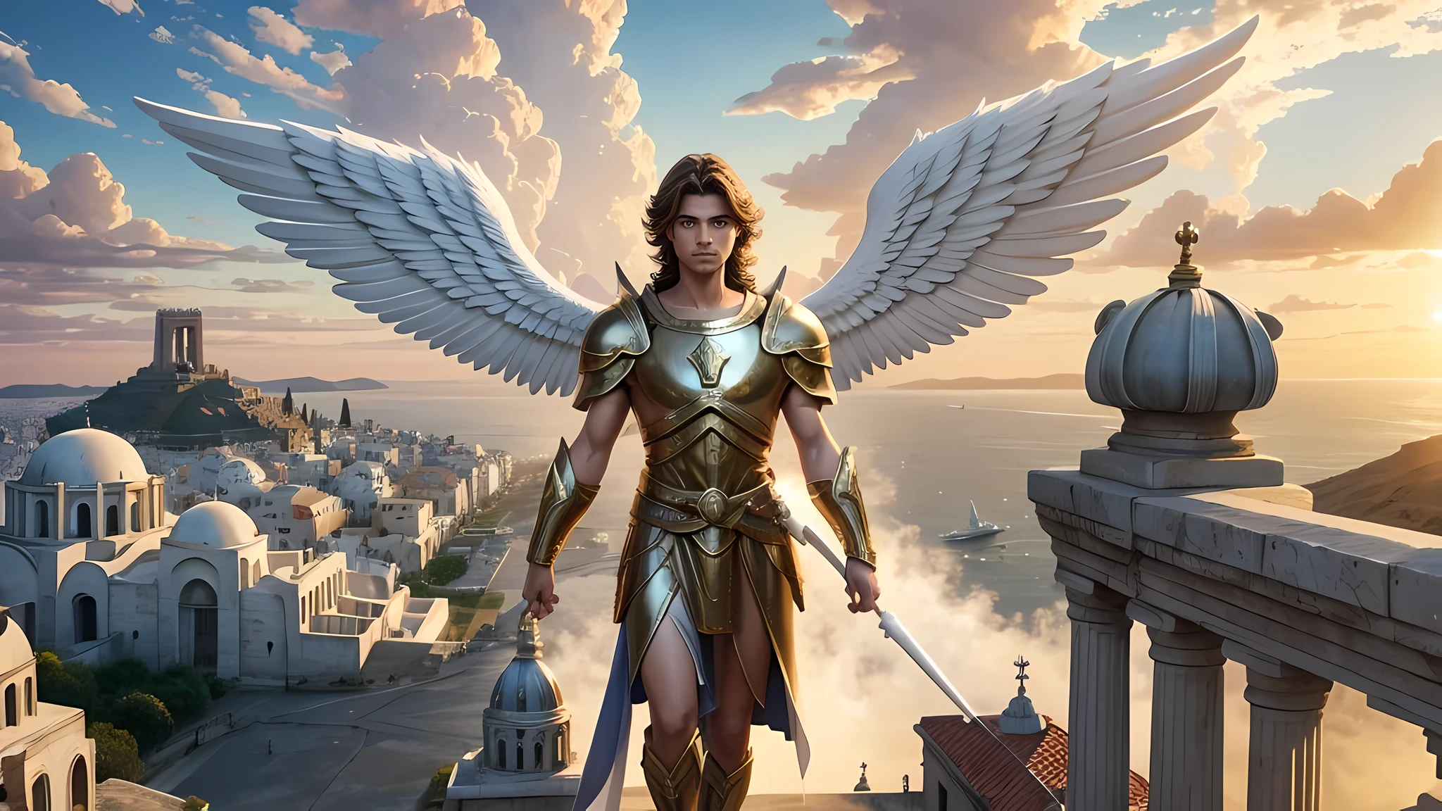 there is a digital painting of an Angel with wings flying over a city, archAngel michael, saint michael the Angel, archAngel, Angel in plastic armor, Digital painting of Greek mythology, Angelical, Angelic, Angel, biblical accurate Angel, an Angel of the dawn light, guardian of the sacred lake, Angel protecting man, glowing Angelic being, super wide Angel