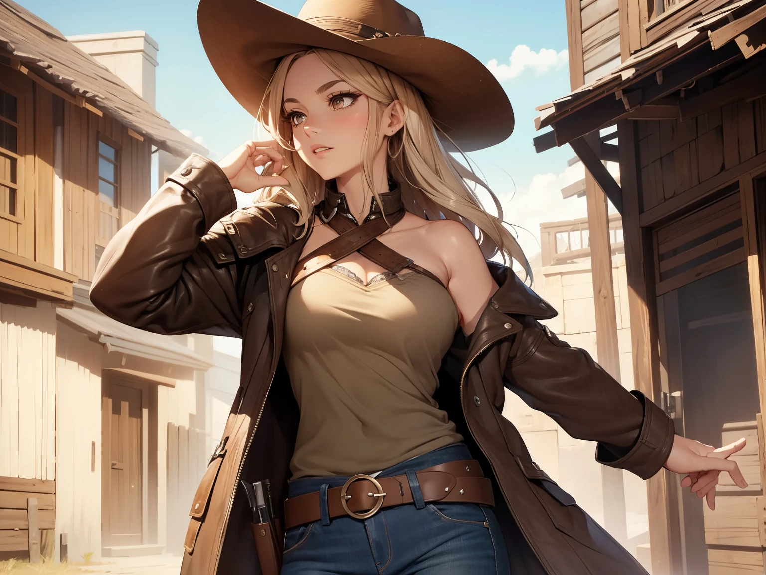 (best quality, 4k, 8k, highres, masterpiece:1.2),
ultra-detailed,
detailed face,
detailed lips and eyes,
attractive appearance,
expressive face,
anime style,
BREAK
Valerie the Thief beautiful caucasian woman with messy wavy (shoulder length:1.3) blonde hair,
23 years old,
((big eyes)),
(brown eyes:1.4),
brown eyebrows,
fair skin,
lean and athletic,
BREAK
detailed perfect fingers,
perfect hands,
detailed perfect face,
intense blushing,
short female,
open mouth,
smirk,
arrogant caring slightly shy and slutty expression,
(solo:1.2),
BREAK
Wild West Gunslinger,
Embrace the rugged charm of the Wild West with a weathered leather duster coat, adorned with fringe details that sway with each step.
Beneath, don a fitted vest over a collared shirt, complete with a bandana tied loosely around your neck for a touch of authenticity,
BREAK
Opt for sturdy denim jeans and leather boots, ensuring both style and functionality in the dusty frontier,
Equip yourself with a wide-brimmed hat to shield from the scorching sun and fingerless gloves for quick draw accuracy,
Strap a revolver to your hip in a well-worn holster, ready to face any showdown on the open range,
BREAK
masterpiece background,
desert or vintage western movie setting,
alluring diverse and dynamic poses,
((one or more horses)),
attack, motion,
ray tracing, sun, sun beam,
from slightly below,
dynamic angle,
sunshine beam.