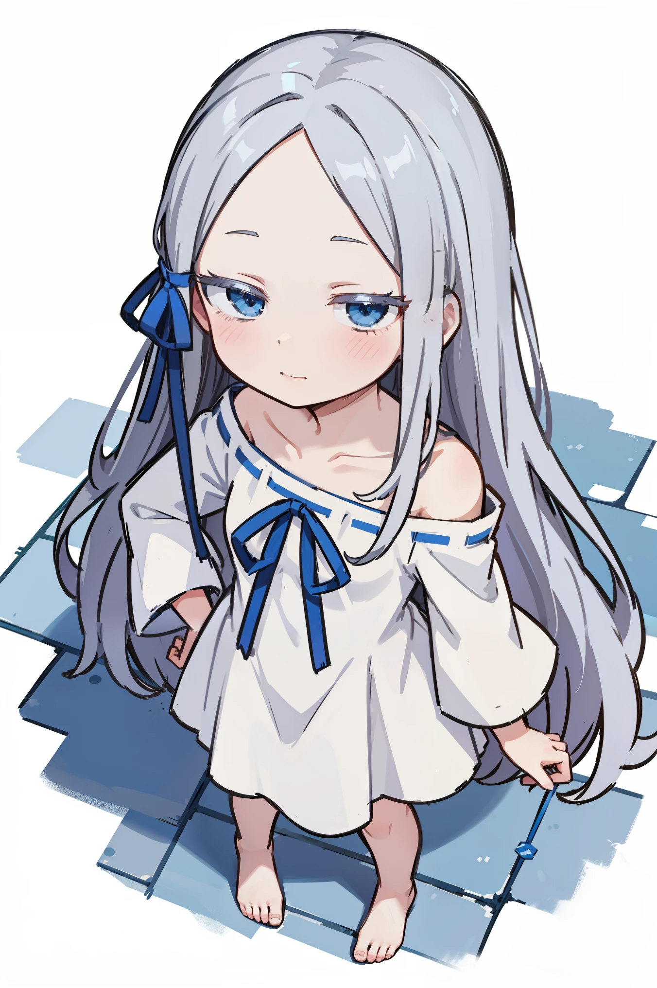 (masterpiece, best quality, ultra high quality, by quan, by mappa, sketch:1.1), ((portrait)), 1girl, solo, pandora, blue eyes, long hair, grey hair, white hair, forehead, blush, bangs, small breasts, parted bangs, barefoot, neutral, innexpressive, small smile, thighs, ((pddf)), dress, ribbon, hair ribbon, white dress, loose dress, blue ribbon, bare shoulders, (hands on hips), upper body, standing, (from above), isometric lightning, white background, simple background