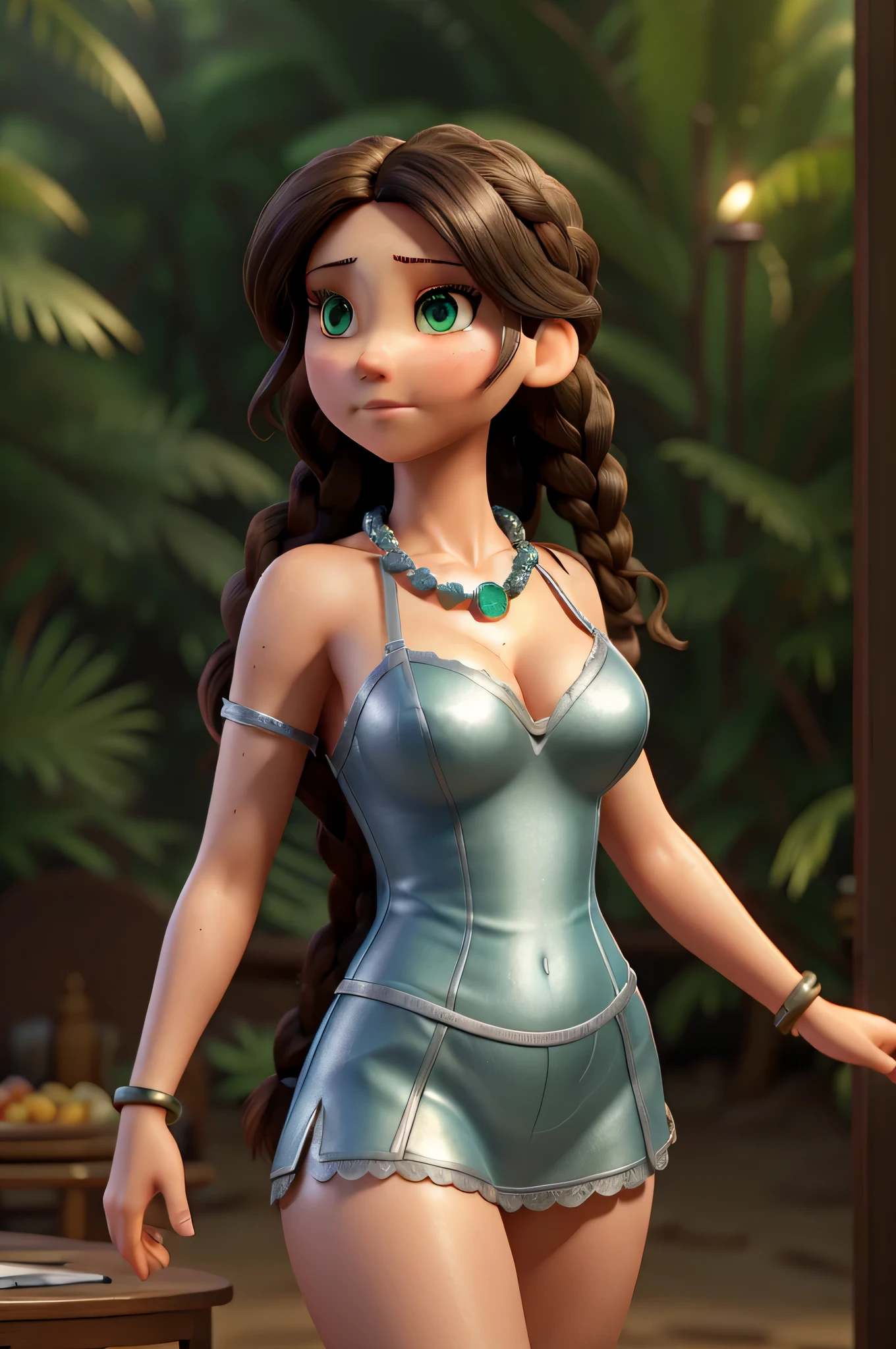 (Morgan Webb 1.0:Jennifer Lawrence 0.5), A 25-year-old woman with black hair, large breast, high detail face, high detail skin, detailed green eyes, twin braids, a silver necklace with a sapphire pendant, wearing lingerie, sandals, silver bracelets on her arms, legs, forest in the background, masterpiece, extremely high detail, cinematic lighting, backlight, shallow depth of field, bokeh, sharp focus, RAW photo