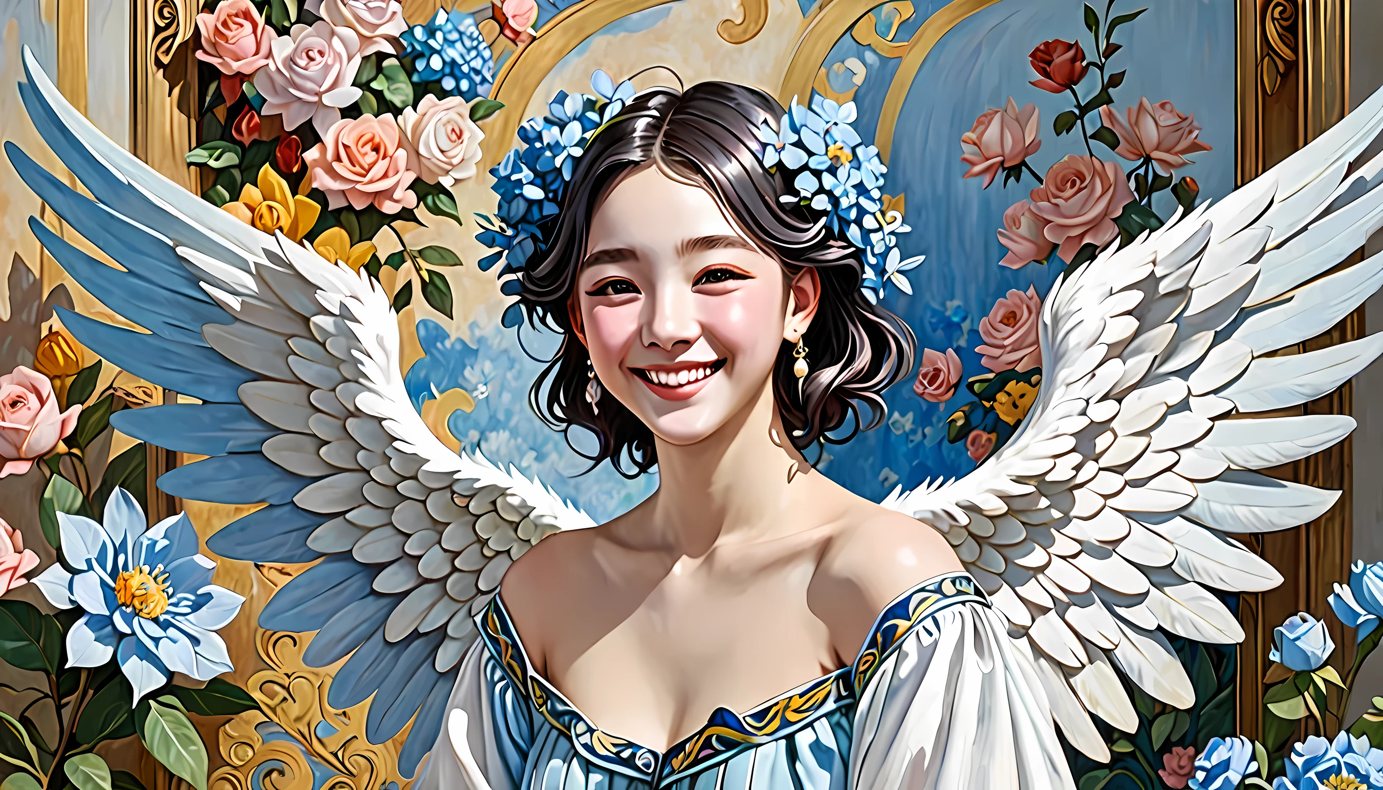 (angel wings、😇、laughter、😌🥰archaic smile).hyper real、Super realistic、Human body depiction without distortion、Man Lisa、Woman in arms、near and far law、three dimensional modern painting、modern、world masterpiece、collection、Homage to the art or works of art of Picasso and Renoir, not sentimental、excellent depiction、gentle expression、More detailed character faces, serious competition、composition like a painting、(Konmutsuki_Gacha_Series 1, punk_rosette), realistic、delicate brushstrokes、light blue flowers, (whole body, elegant floral background)